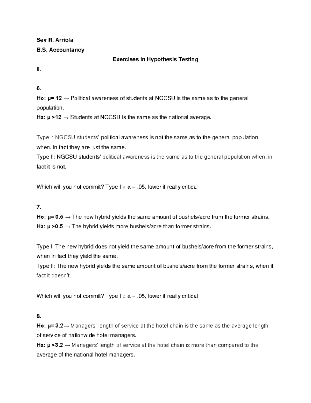 Hypothesis Testing - Part II numbers 6-9 - Sev R. Arriola B ...