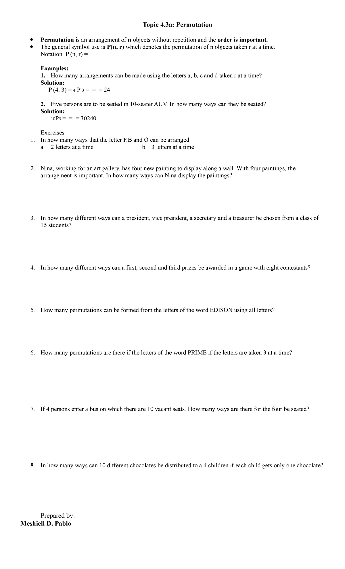 Topic 4 - mathematics - Topic 4: Permutation Permutation is an ...