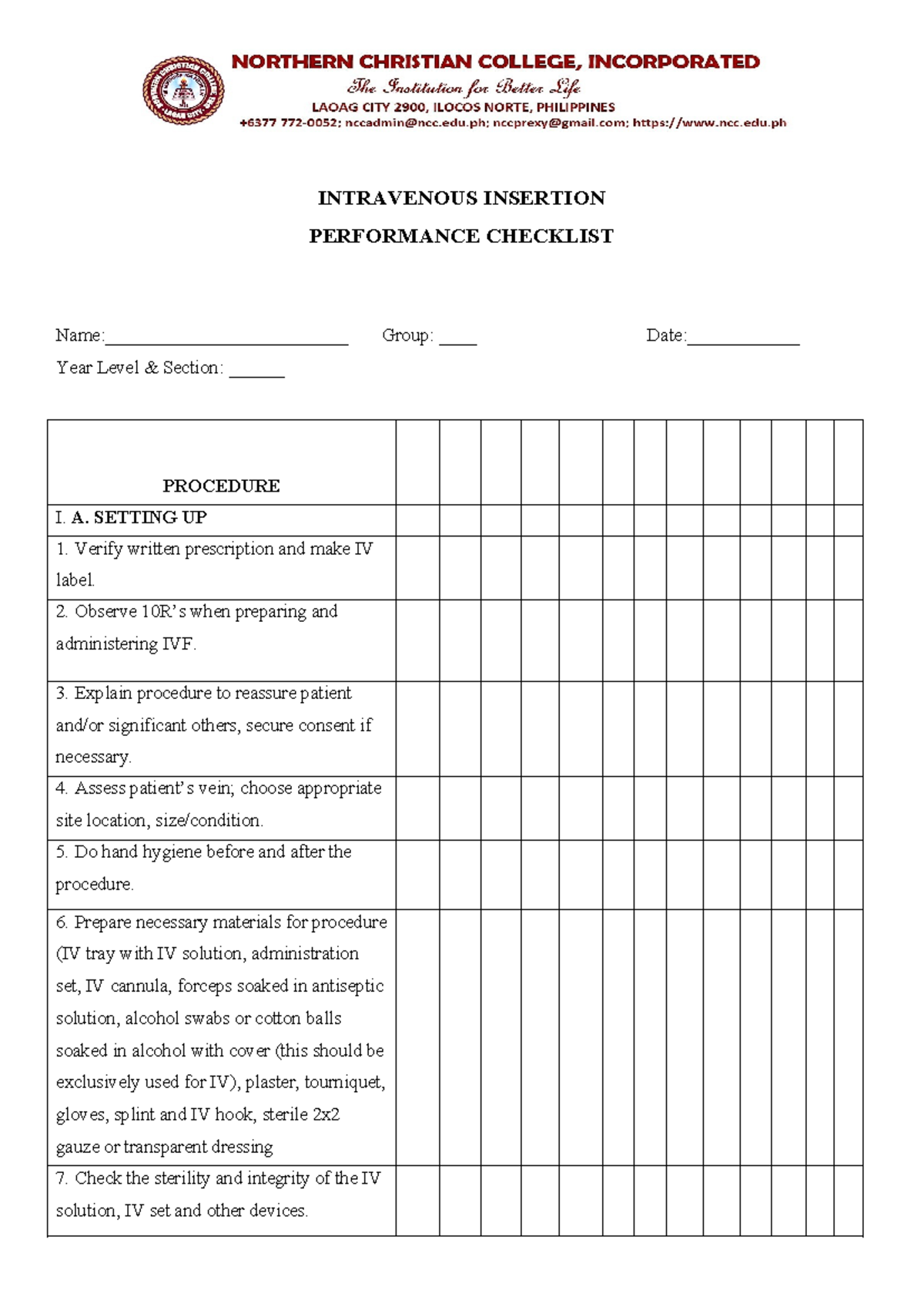 IV- Insertion- Checklist - INTRAVENOUS INSERTION PERFORMANCE CHECKLIST ...