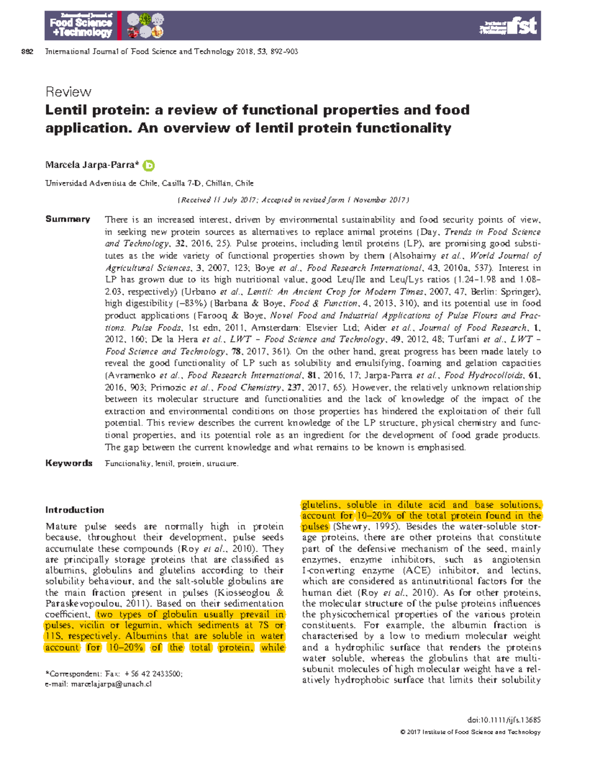 Lentil proteins Article for week 1 tutorial detailing the use of