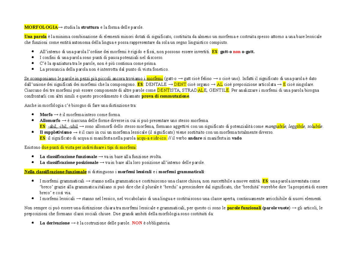 Morfologia - Argomenti tratti dal libro "La linguistica, un corso