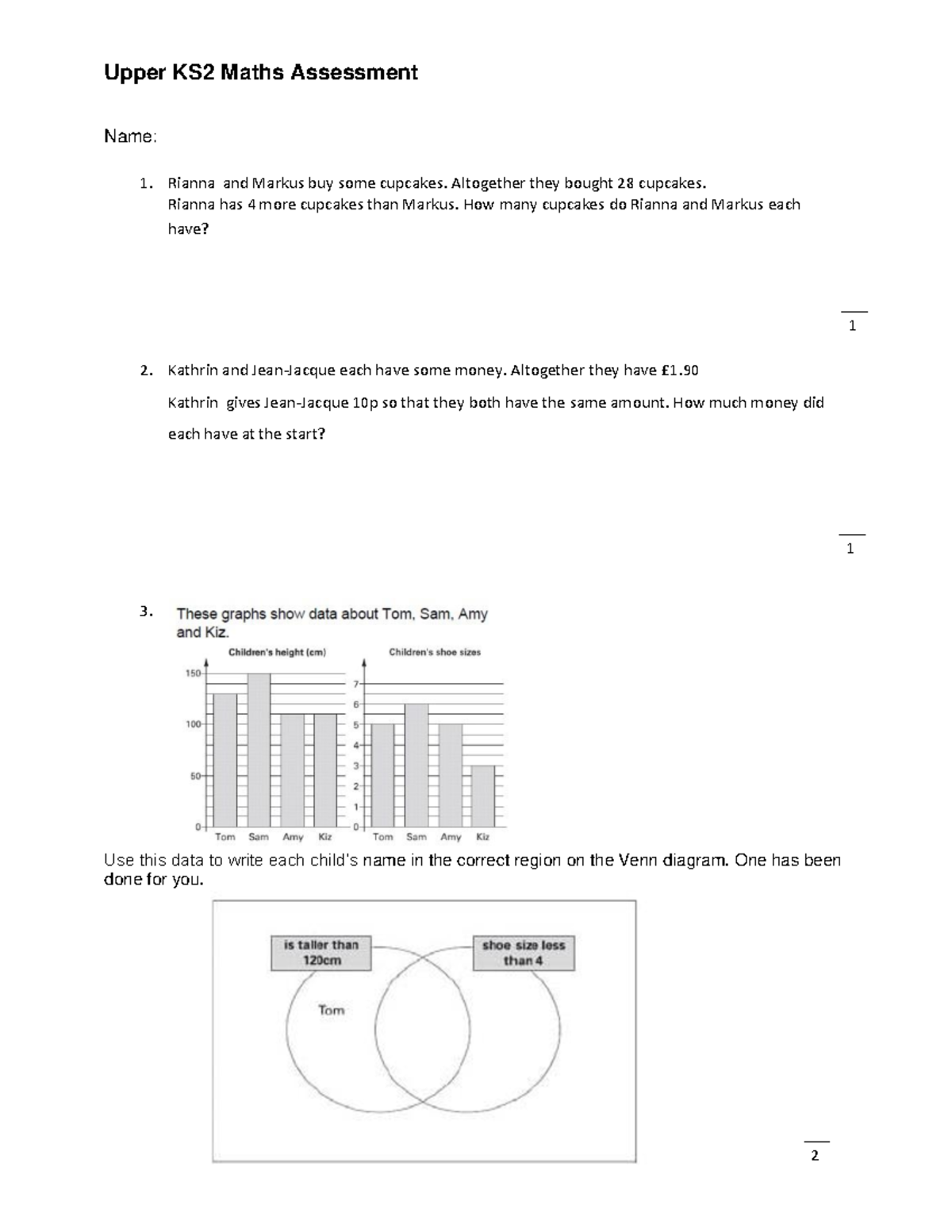 Upper KS2 Maths Assessment - Name: Rianna and Markus buy some cupcakes ...
