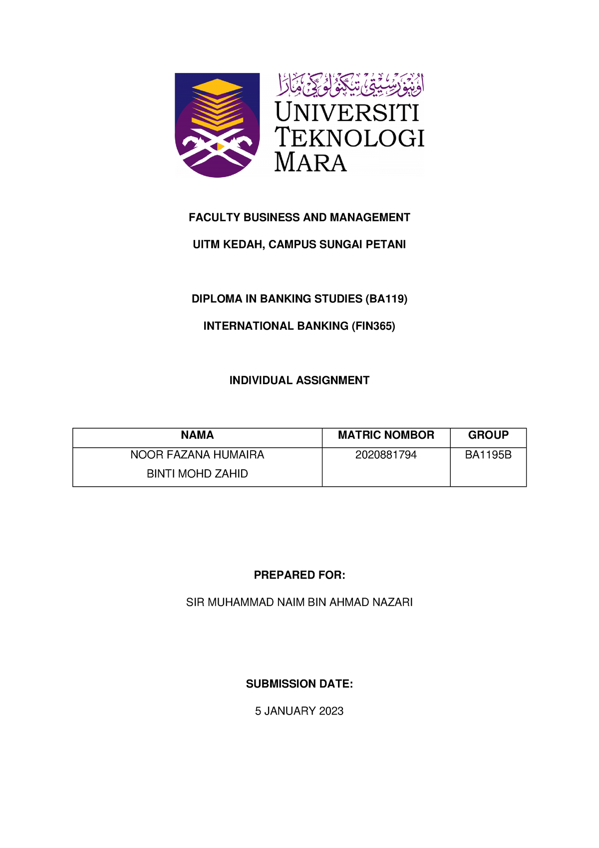 Individual Assignment FIN365 Sem5 - FACULTY BUSINESS AND MANAGEMENT ...