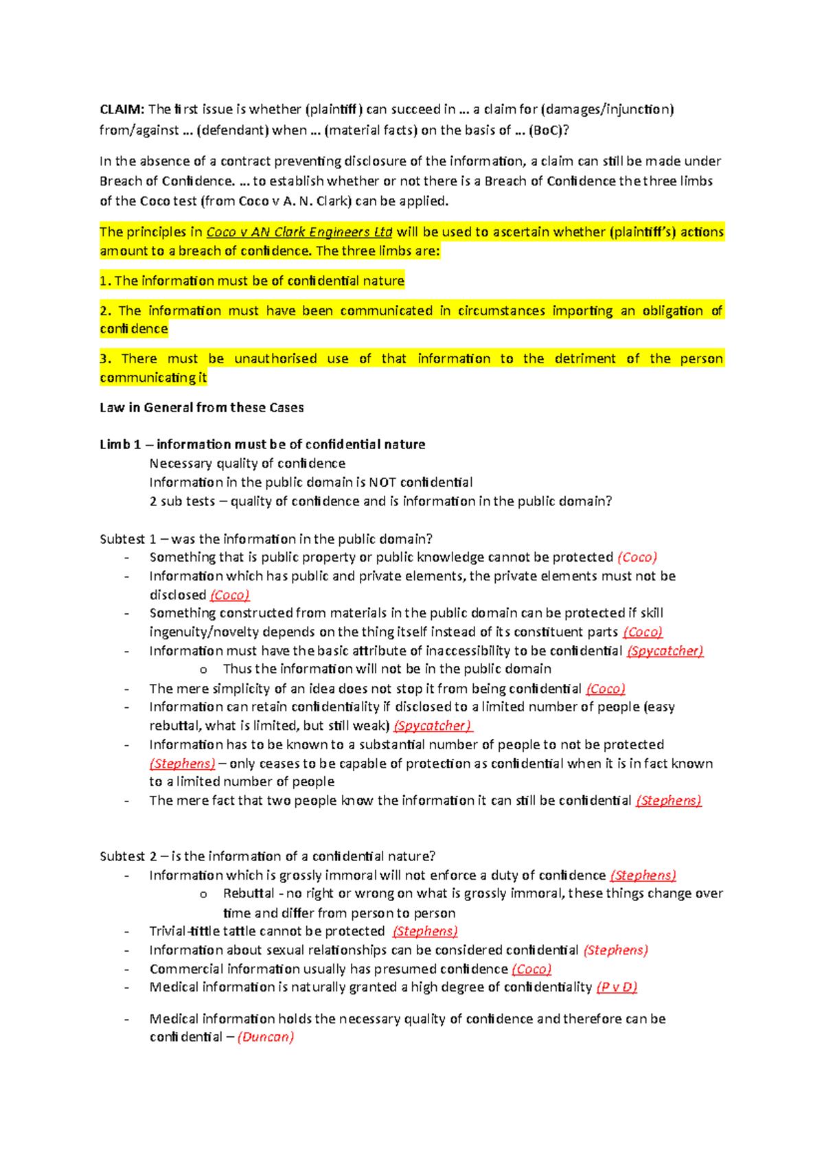 EXAM Cheat Sheet - CLAIM: The first issue is whether (plaintiff) can ...