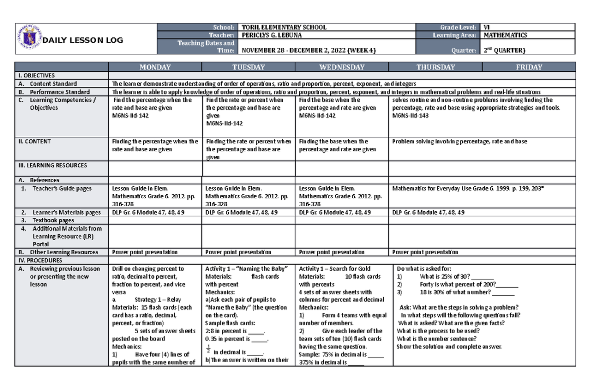 DLL Mathematics 6 Q2 W4 - lesson log - DAILY LESSON LOG School: TORIL ...