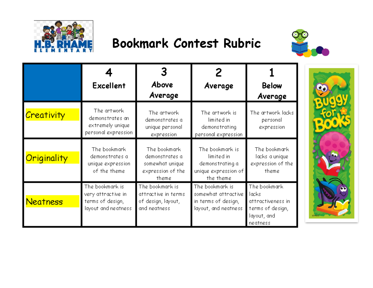 Bookmark Contest Rubric - Bookmark Contest Rubric 4 Excellent 3 Above ...