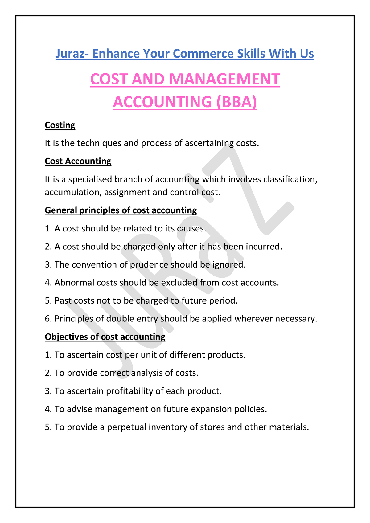 Theory Short Note Of Cost And Management Accounting (BBA) - Juraz ...