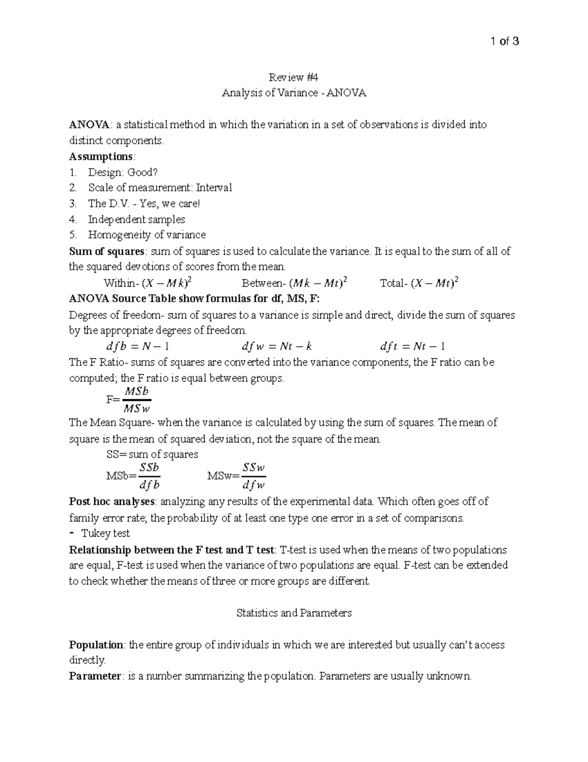 Study Guide - 1 Of 3 Review # Analysis Of Variance - ANOVA ANOVA: A ...