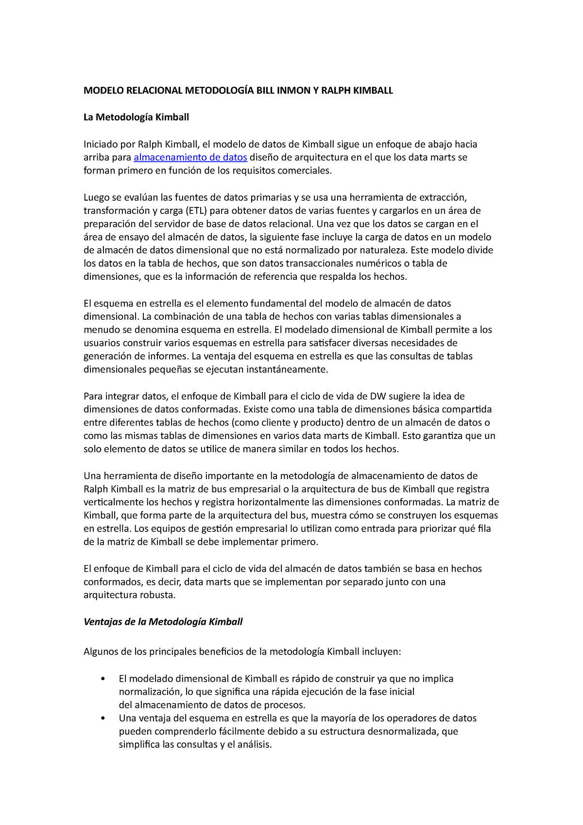 Modelo Relacional Metodología BILL Inmon Y Ralph Kimball - MODELO  RELACIONAL METODOLOGÍA BILL INMON - Studocu