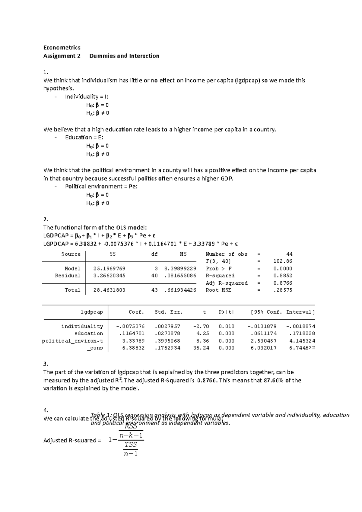 Econometrics assignment dummies and interaction Econometrics