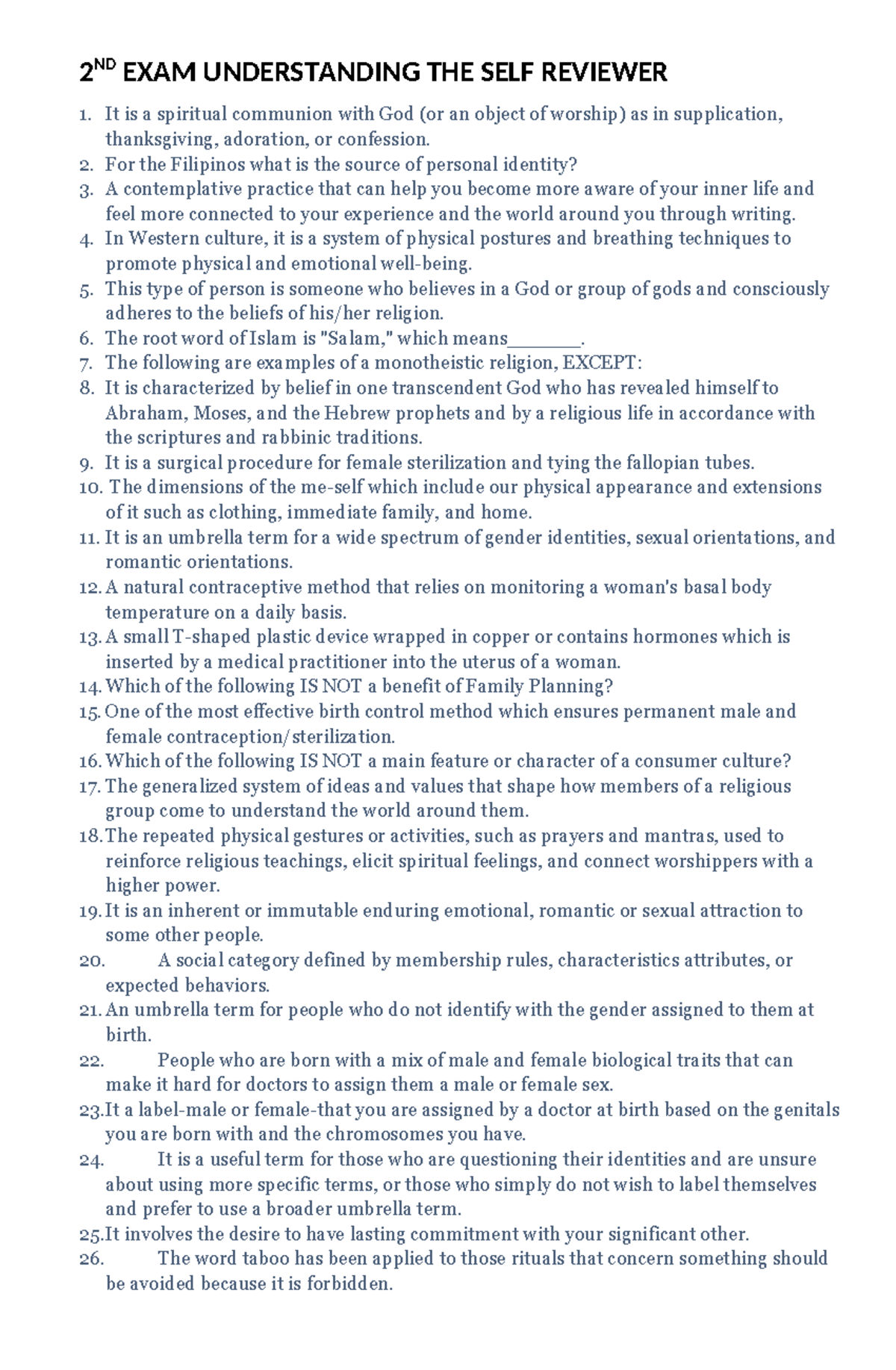 2ND EXAM Understanding THE SELF Reviewer - 2 ND EXAM UNDERSTANDING THE ...