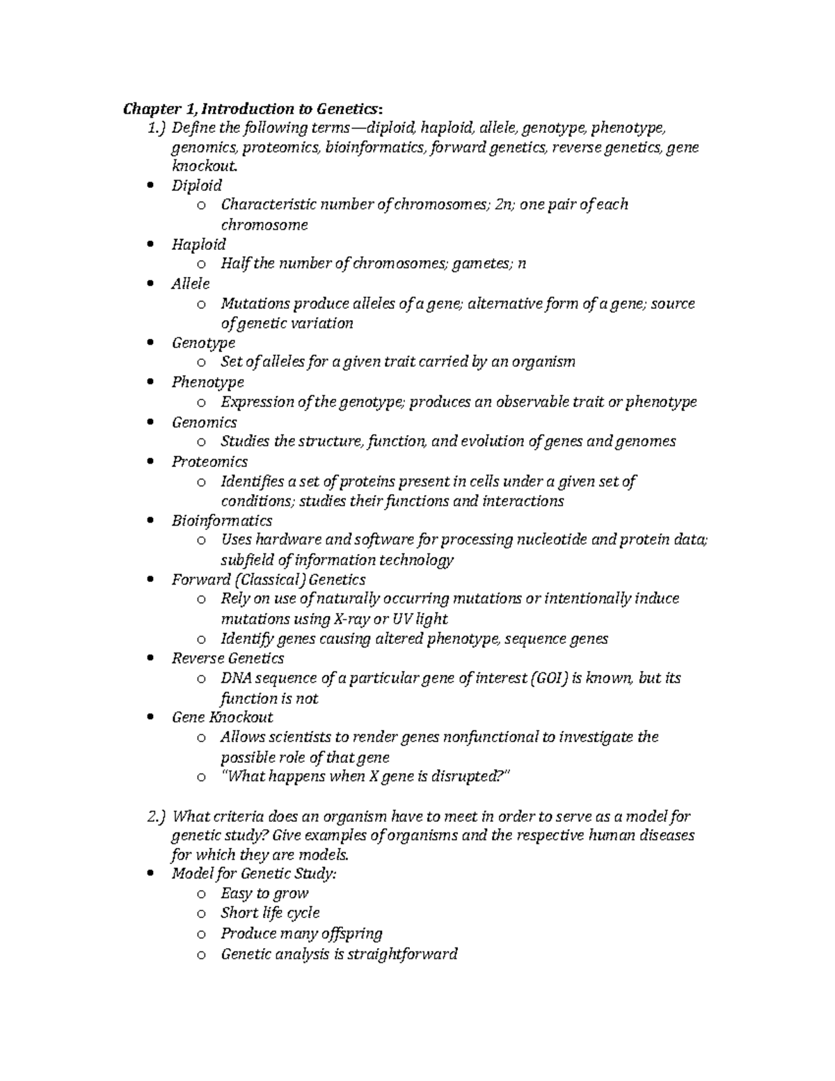 Exam 1 Objectives - Summary Genetics - Chapter 1, Introduction to ...