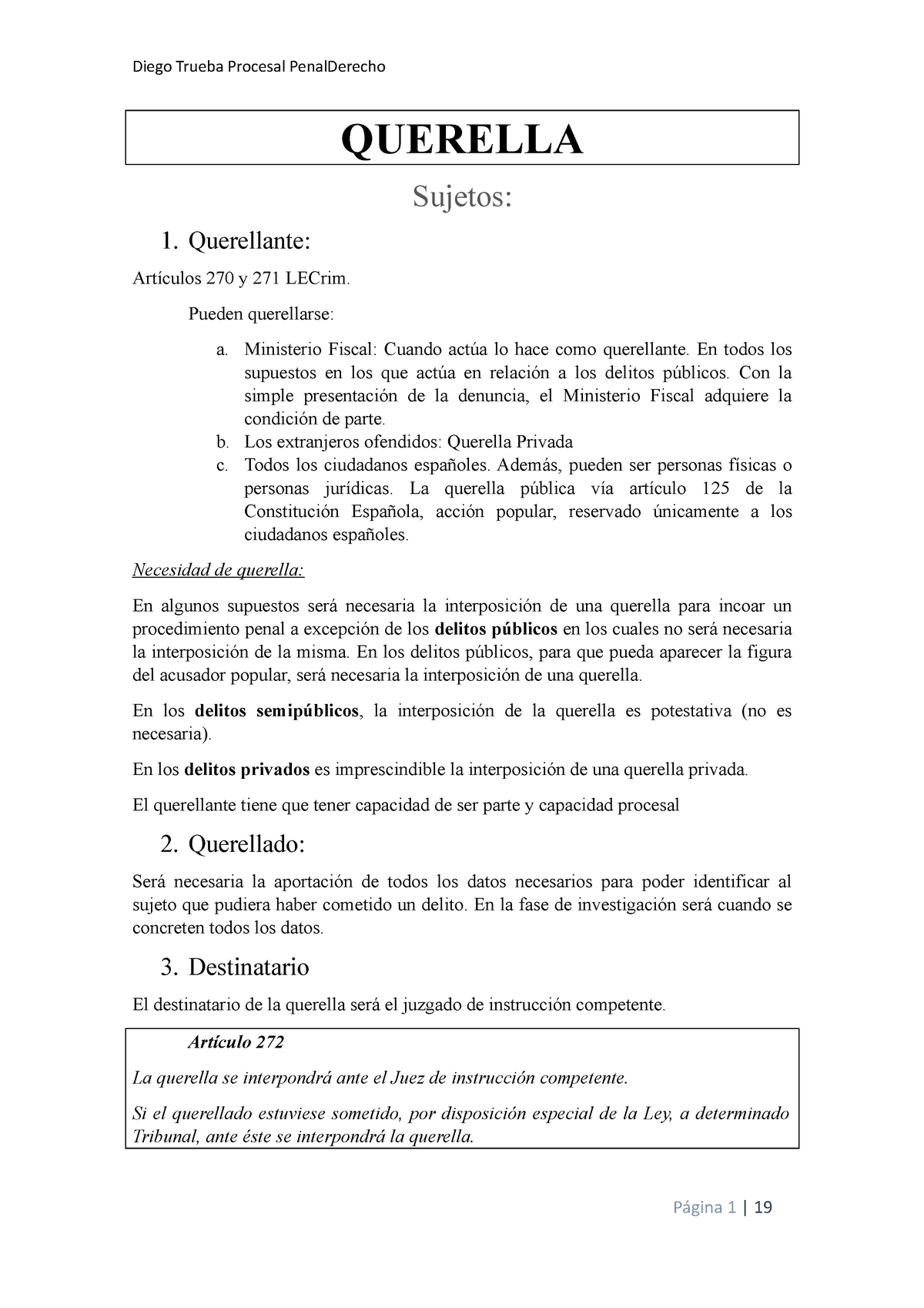 Querella Querella Sujetos 1 Querellante Artículos 270 Y 271 Lecrim Pueden Querellarse A 9195