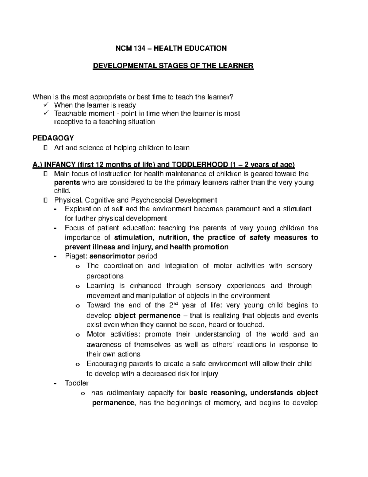 Developmental stages of the learner - NCM 134 – HEALTH EDUCATION ...