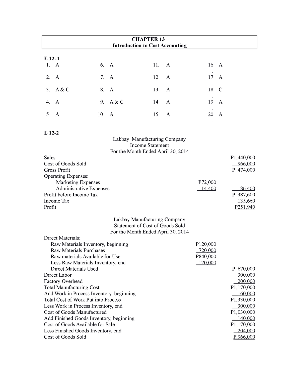 APC Ch12sol - Chapter 12 - CHAPTER 13 Introduction To Cost Accounting E ...