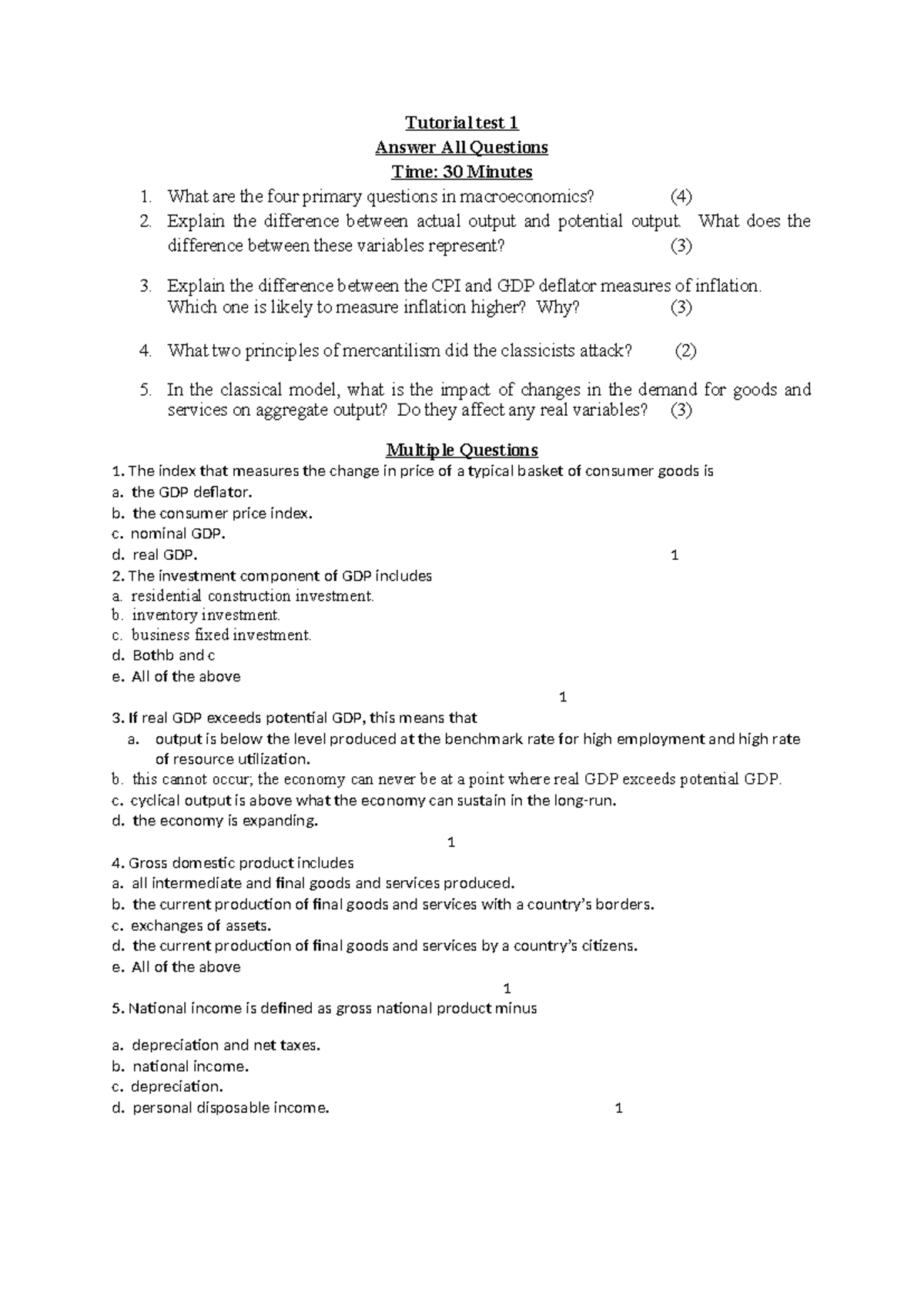 Eco221 Tutorial 1 - Tutorial test 1 Answer All Questions Time: 30 ...