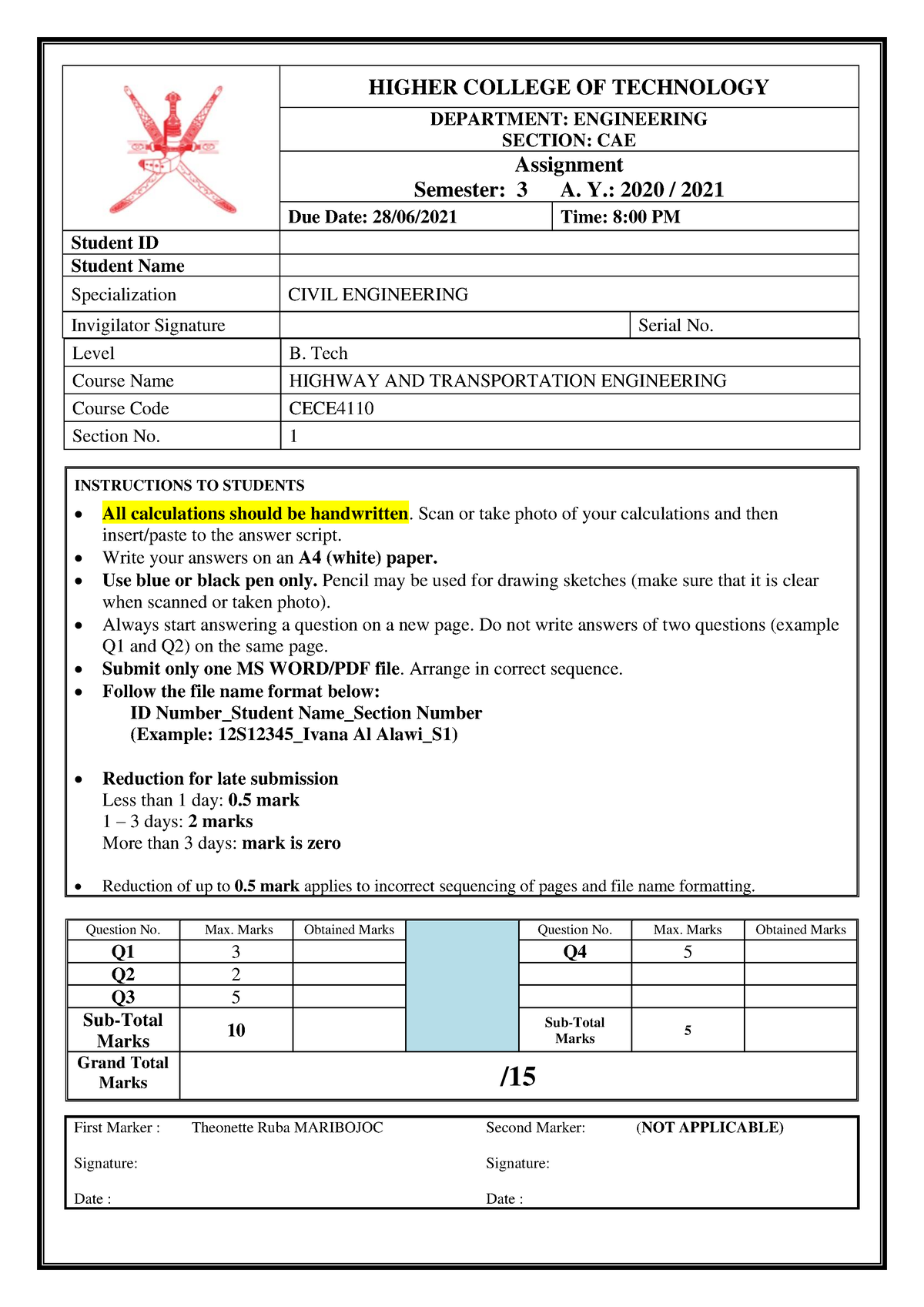 CECE4110 Assignment 3 Sem 2020-21 - Level B. Tech Course Name HIGHWAY ...