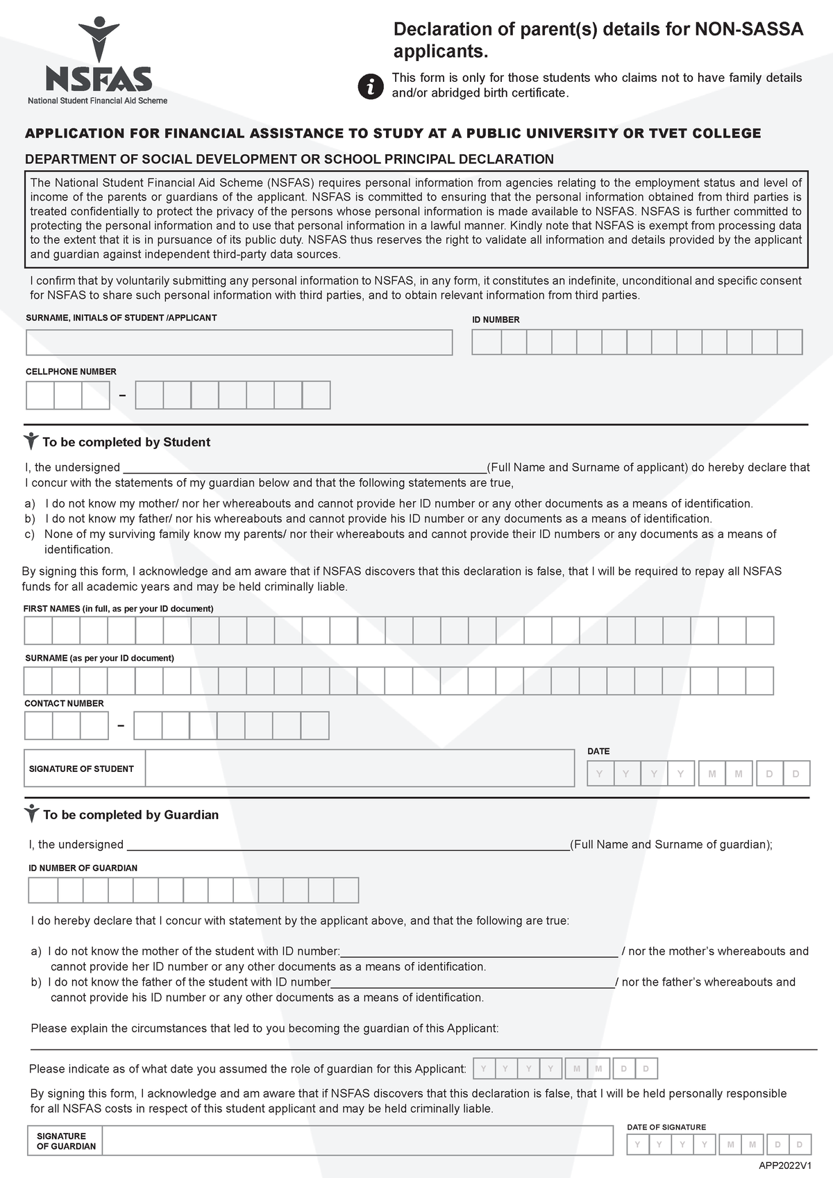 2022 Nsfas Declaration Form non Sassa applicants) Official document