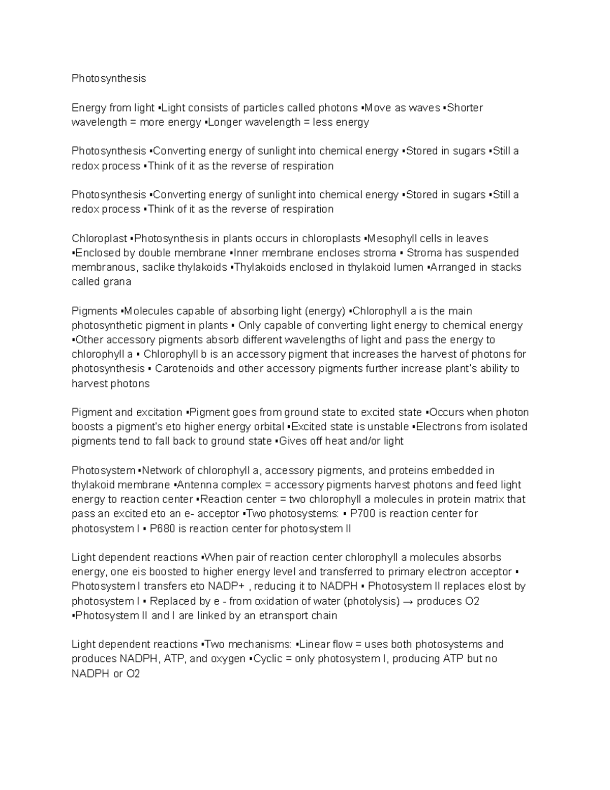 Photosynthesis - Lecture Notes - Photosynthesis Energy from light Light ...
