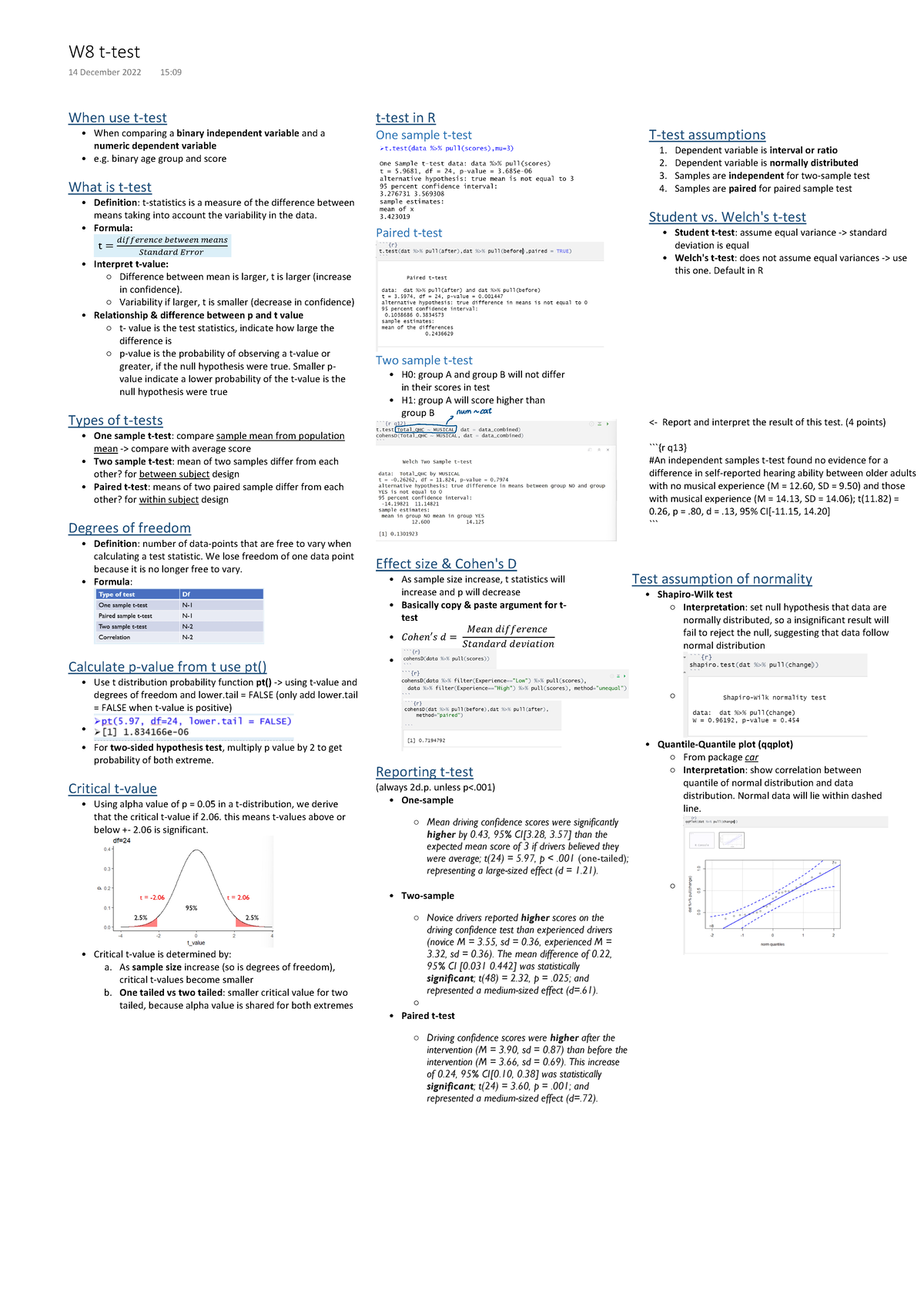 Week 8 t-test Cheatsheet - When use t-test When comparing a binary ...