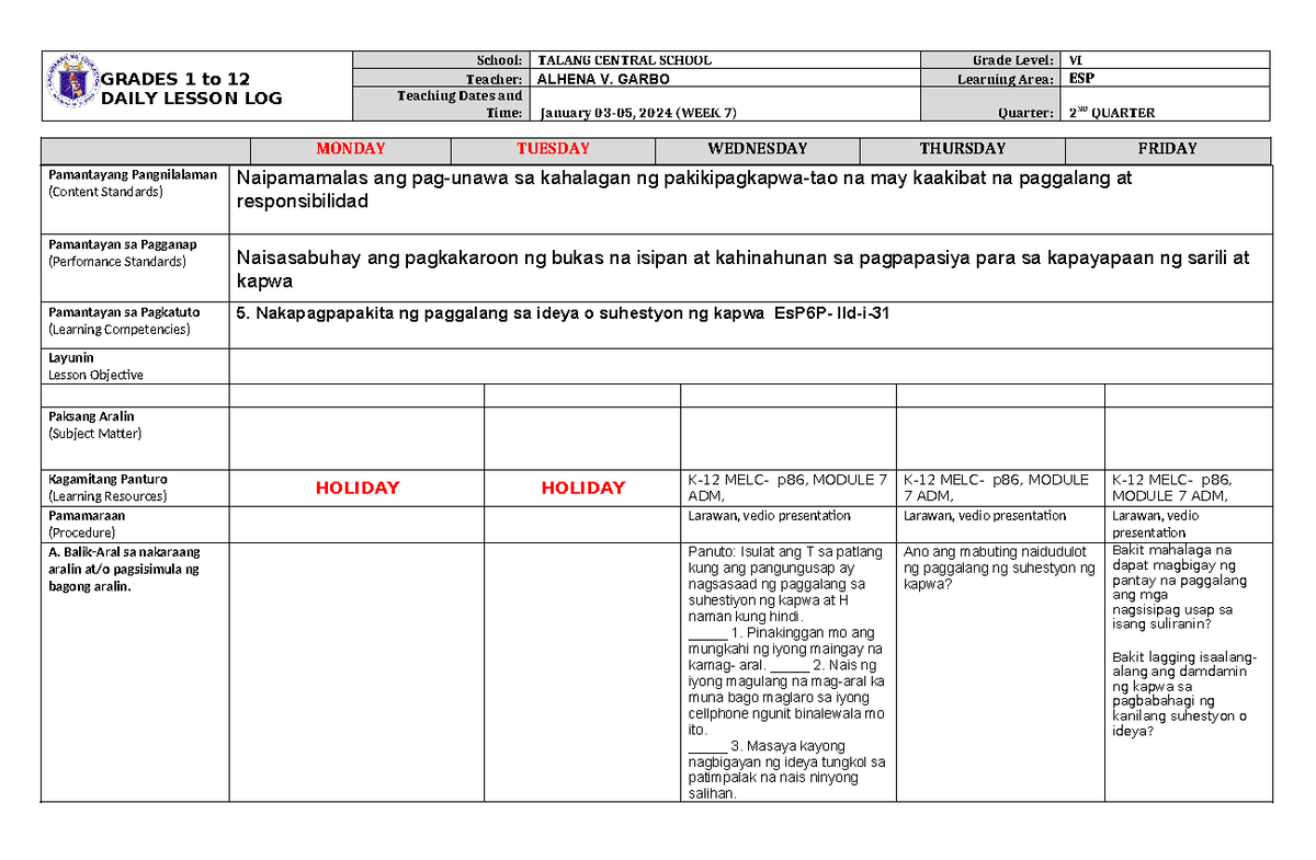 DLL ESP 6 Q2 W7 - GRADES 1 to 12 DAILY LESSON LOG School: TALANG ...