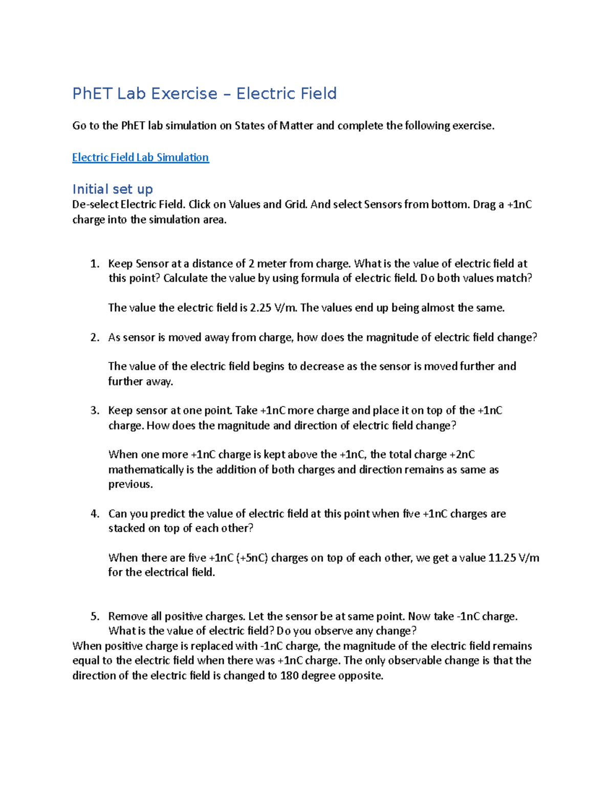 Electric Field Lab Deon Smith PhET Lab Exercise Electric Field Go to the PhET lab simulation