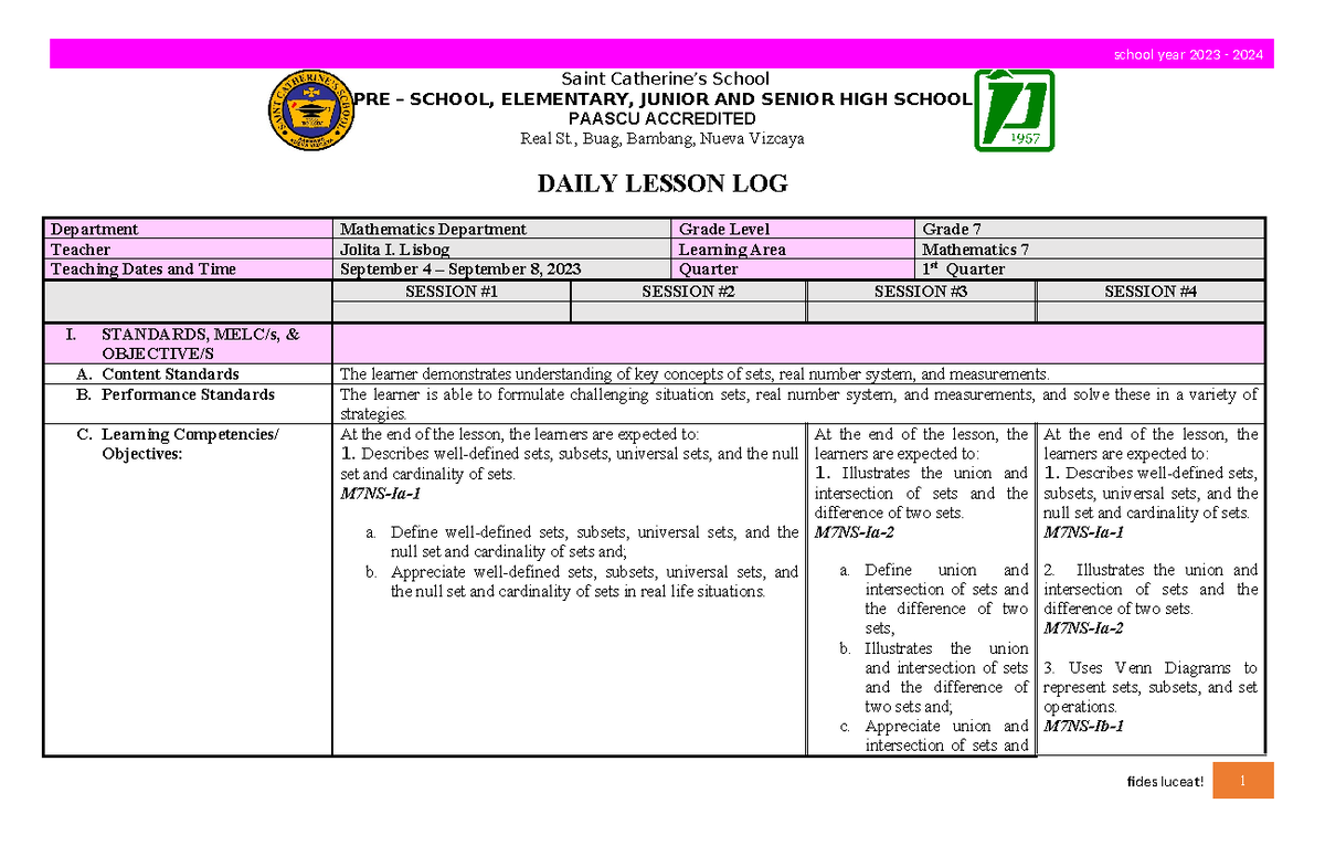 2023.DLL.Mathematics.7.Q1 - Saint Catherine’s School PRE – SCHOOL ...
