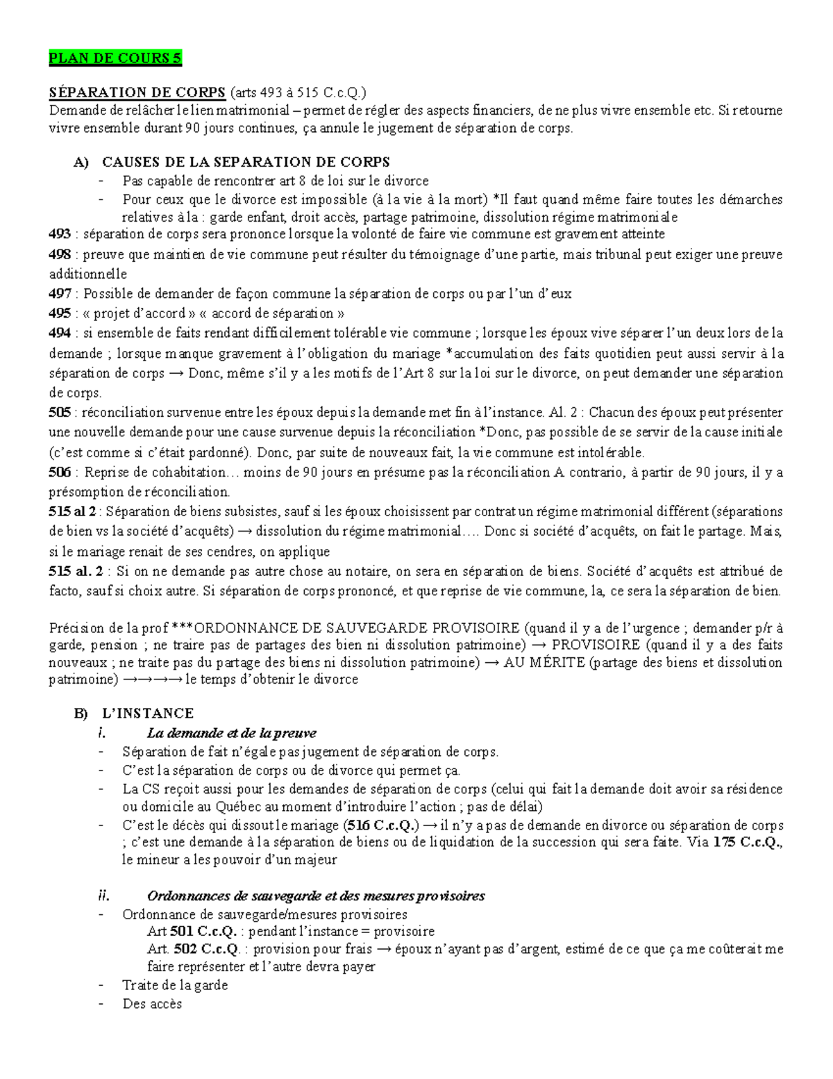 Famille C5 à 12 - Notes - PLAN DE COURS 5 SÉPARATION DE CORPS (arts 493 ...