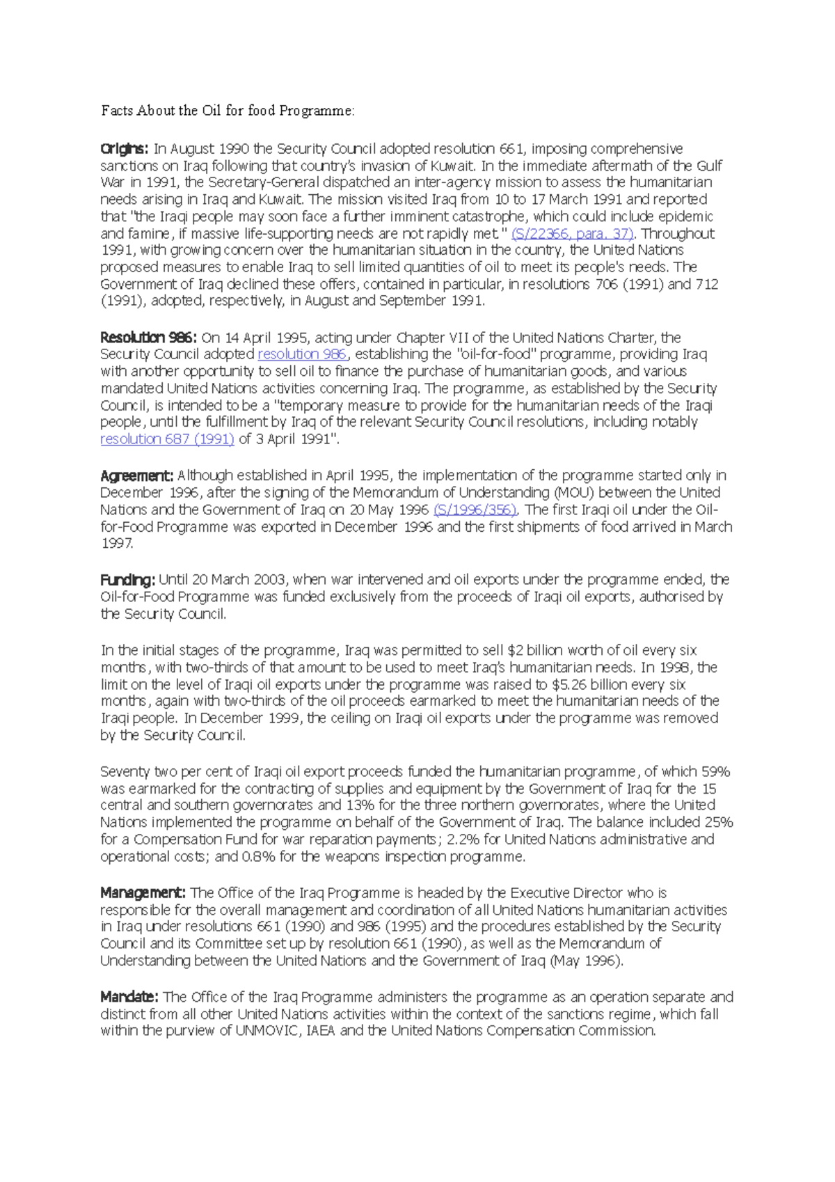 Oil for food - Lecture notes Sanctions - Facts About the Oil for food ...