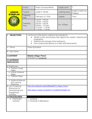 A Detailed Lesson Plan in Music - Learning Objectives At the end of the ...