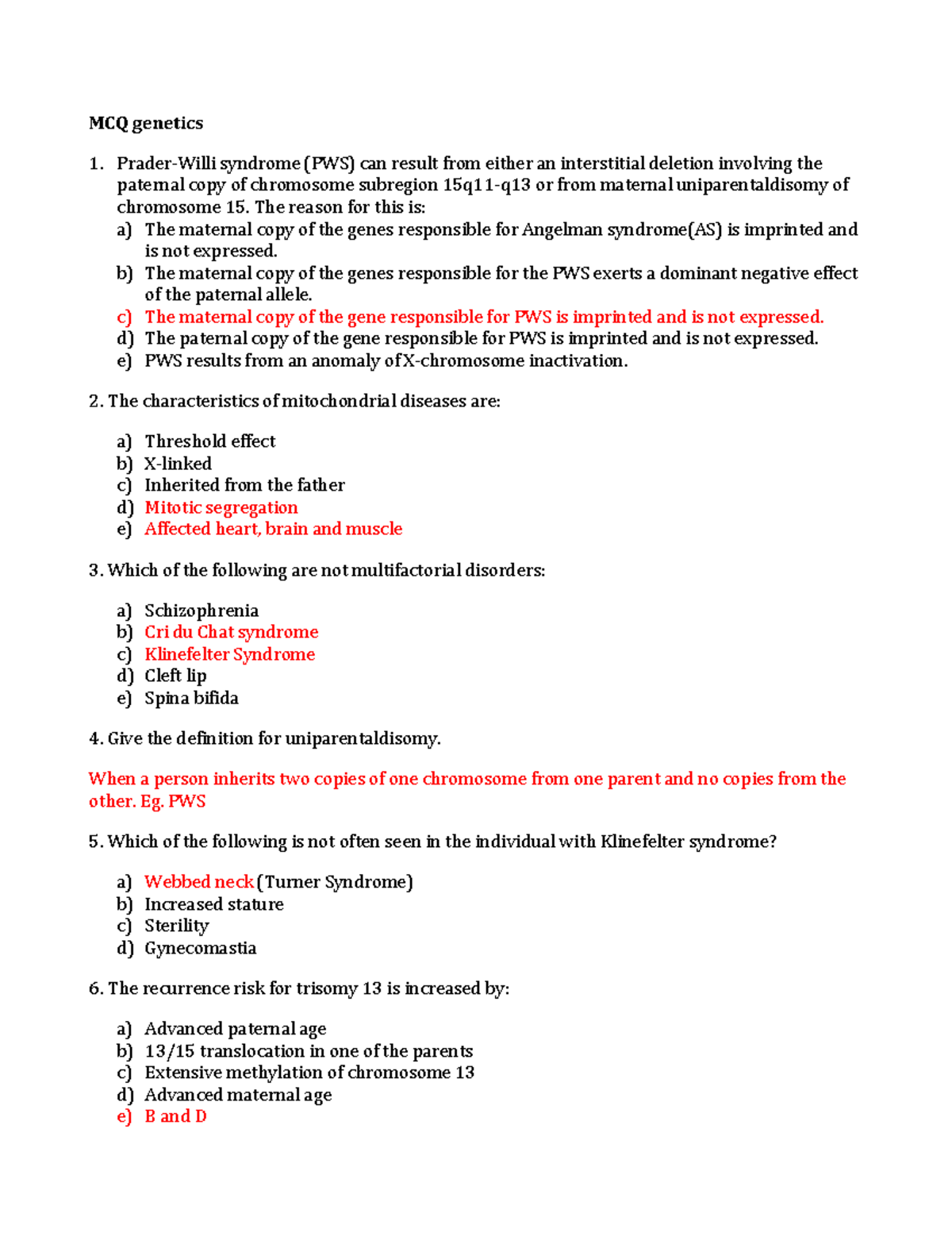 MCQ genetics - MCQ from different colloquiums MCQ genetics Prader Willi