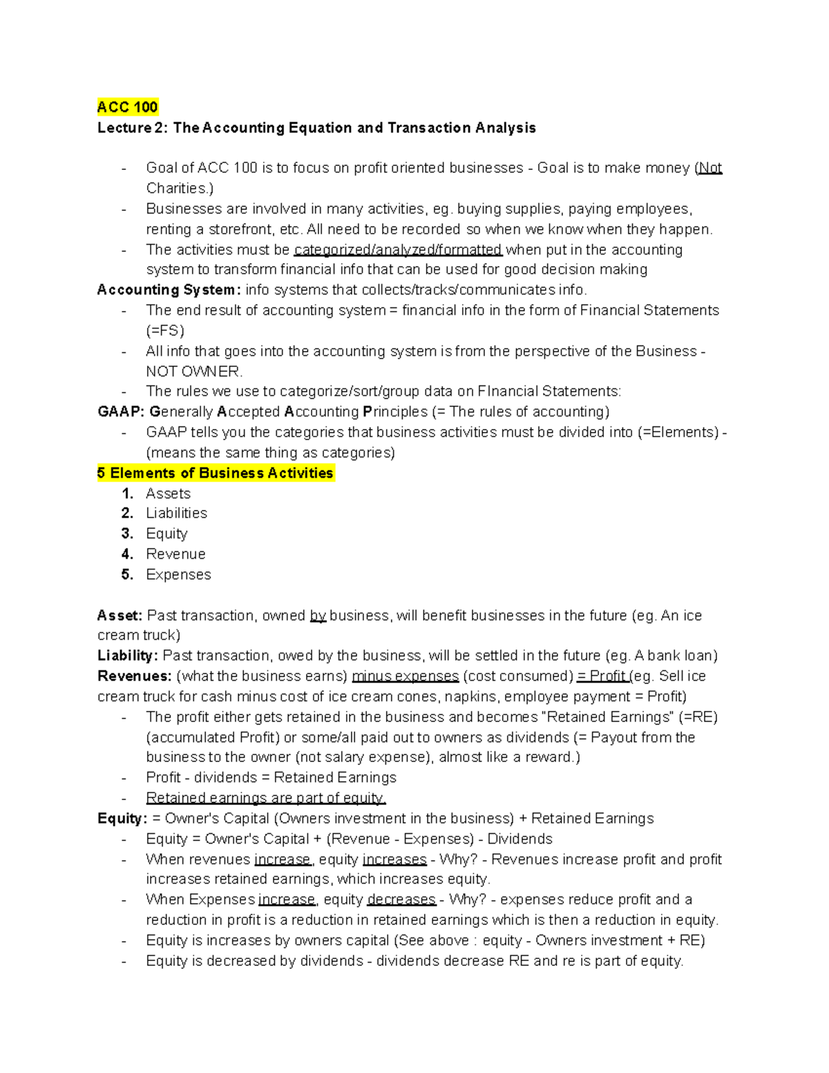 ACC100 Lecture 2 - 16 9 19 - ACC 100 Lecture 2: The Accounting Equation ...