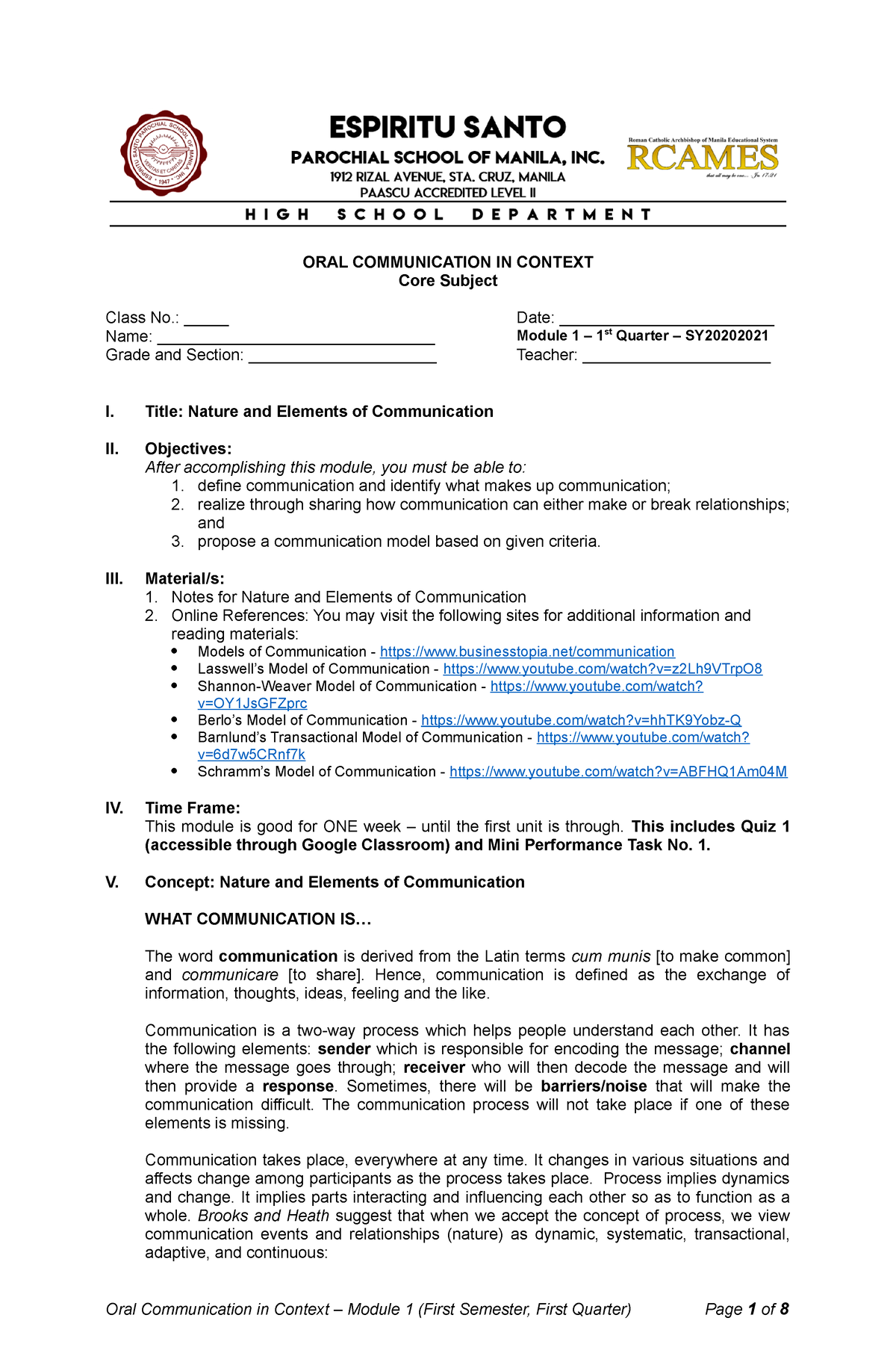 Q1 - Module 1 - Nature And Elements Of Communication - ORAL ...