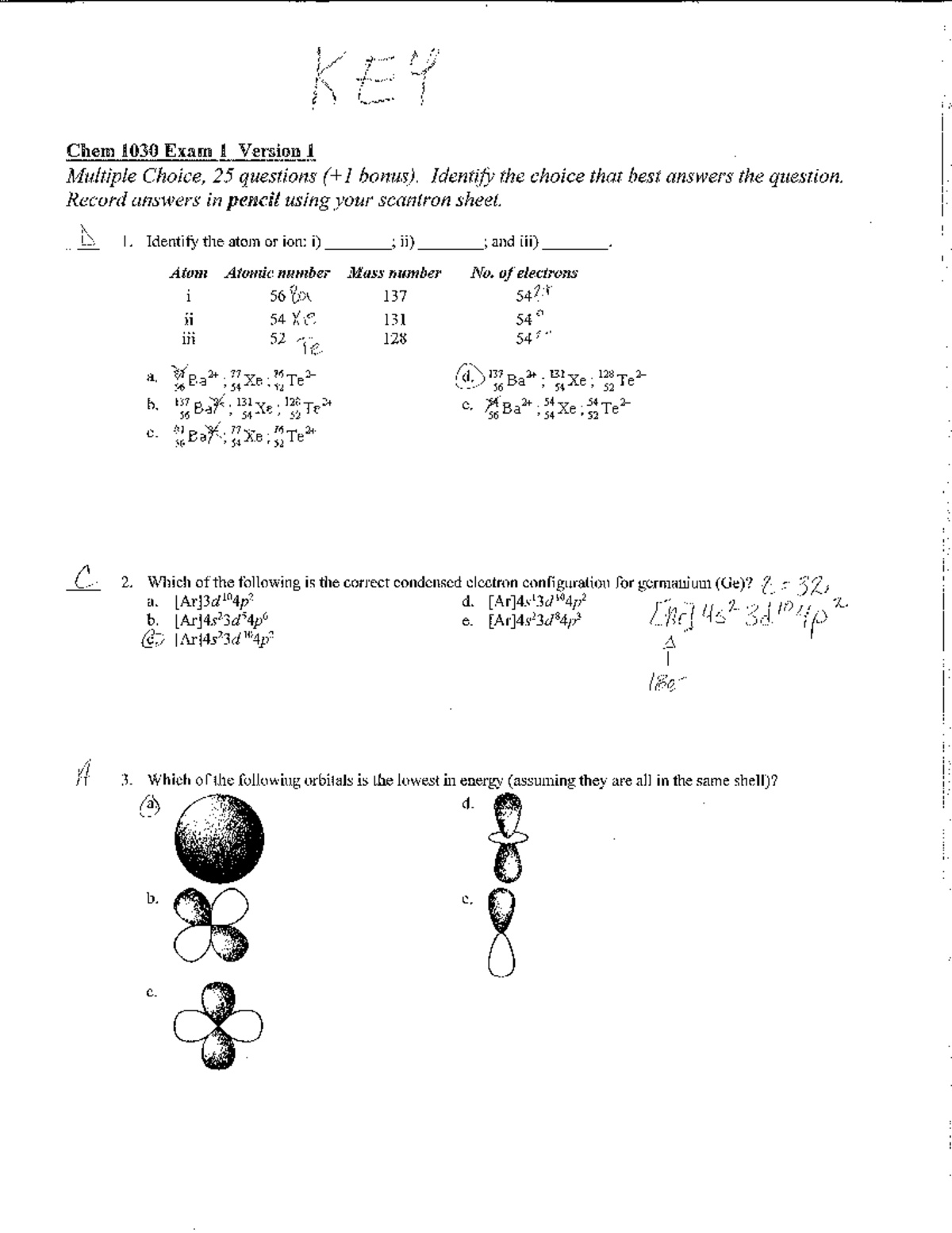 Exam1Solutions - Exam - KEY Chem 1030 Exam 1 Version 1 Multiple Choice ...