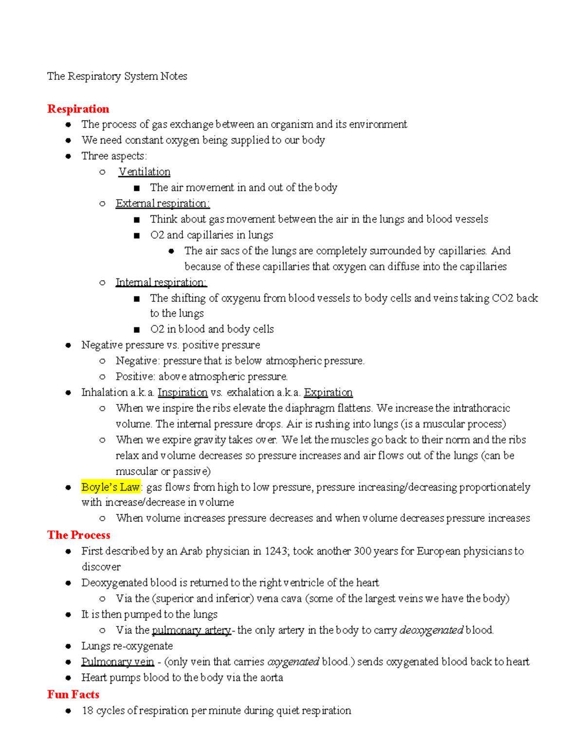A&P Notes 2 - The Respiratory System Notes Respiration The process of ...