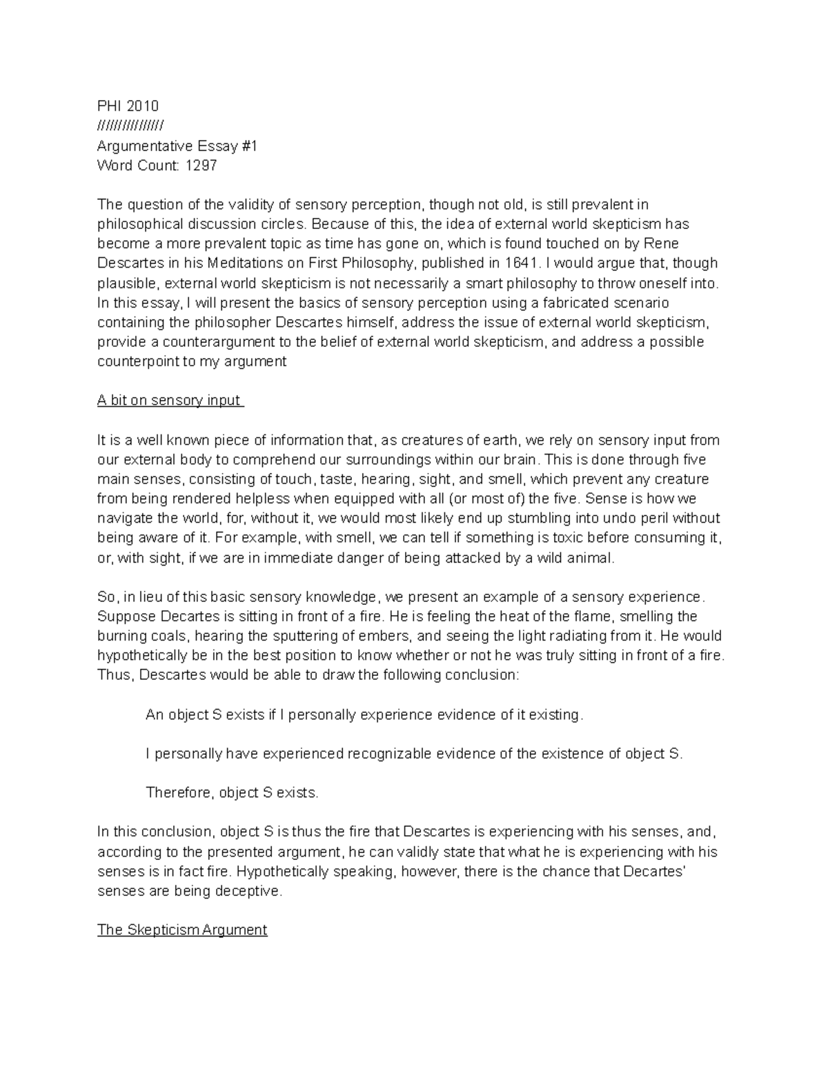 PHI 2010 AE 1 - PHI 2010 Argumentative Essay 1 - PHI 2010 ...