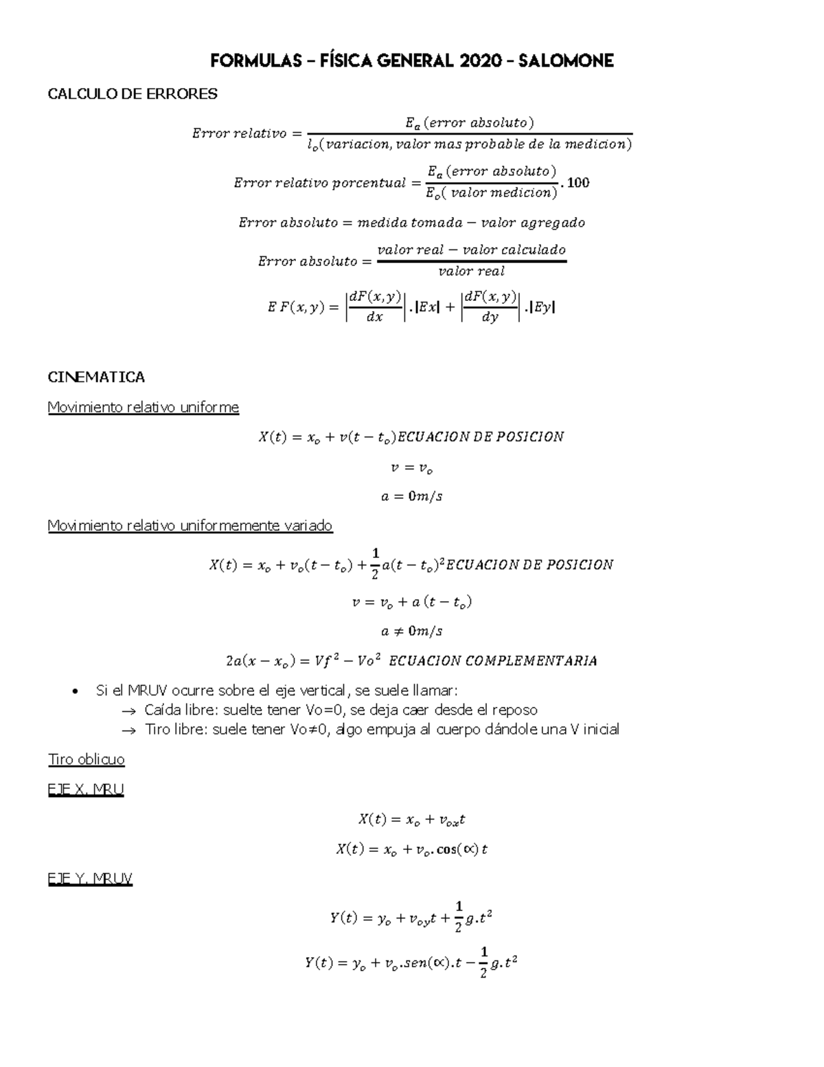 Hoja de Formulas - CALCULO DE ERRORES 𝐸𝑟𝑟𝑜𝑟 𝑟𝑒𝑙𝑎𝑡𝑖𝑣𝑜 = 𝐸𝑎 (𝑒𝑟𝑟𝑜𝑟 ...