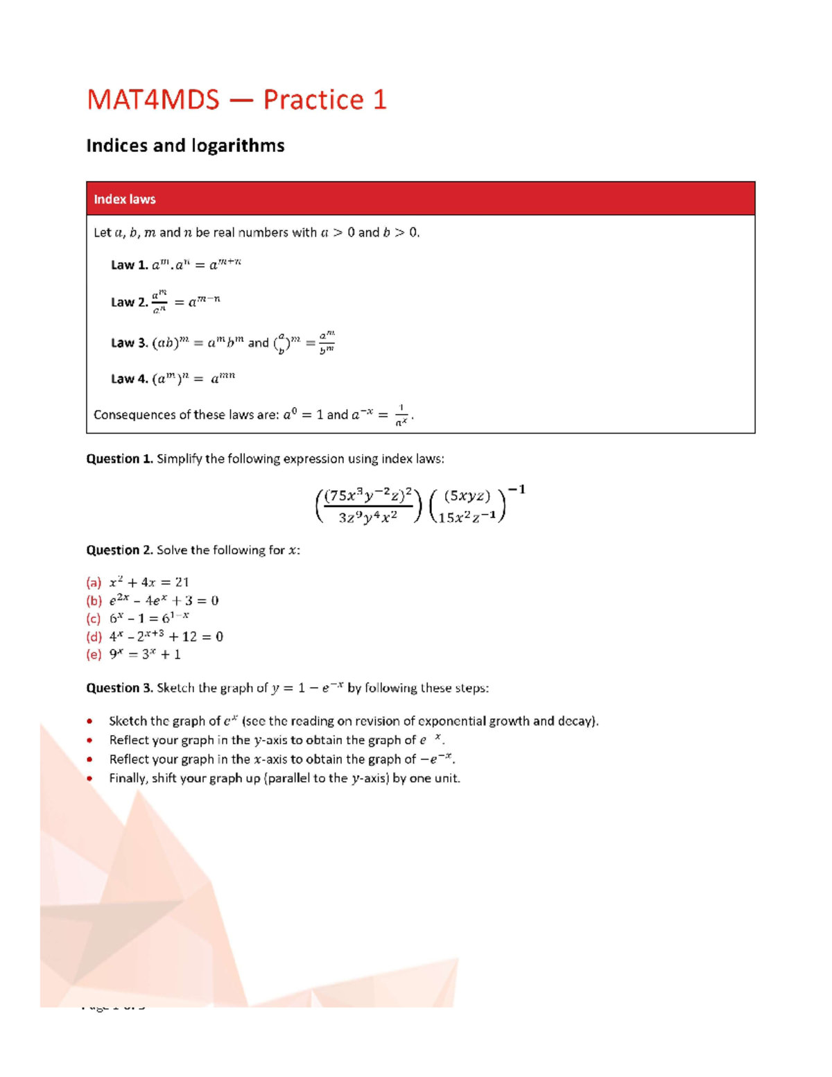 matierals week 9 - Page 1 of Page 2 of 5 Logarithm laws Let 𝑥 > 0 and 𝑦 ...