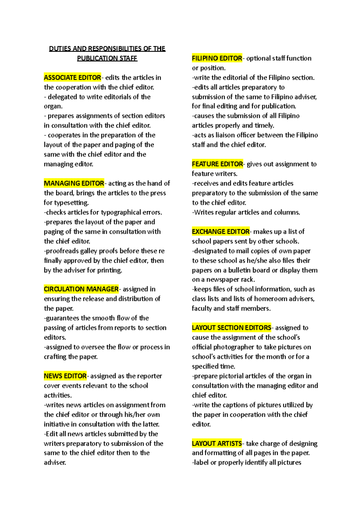 Reviewer Nothing to add DUTIES AND RESPONSIBILITIES OF THE