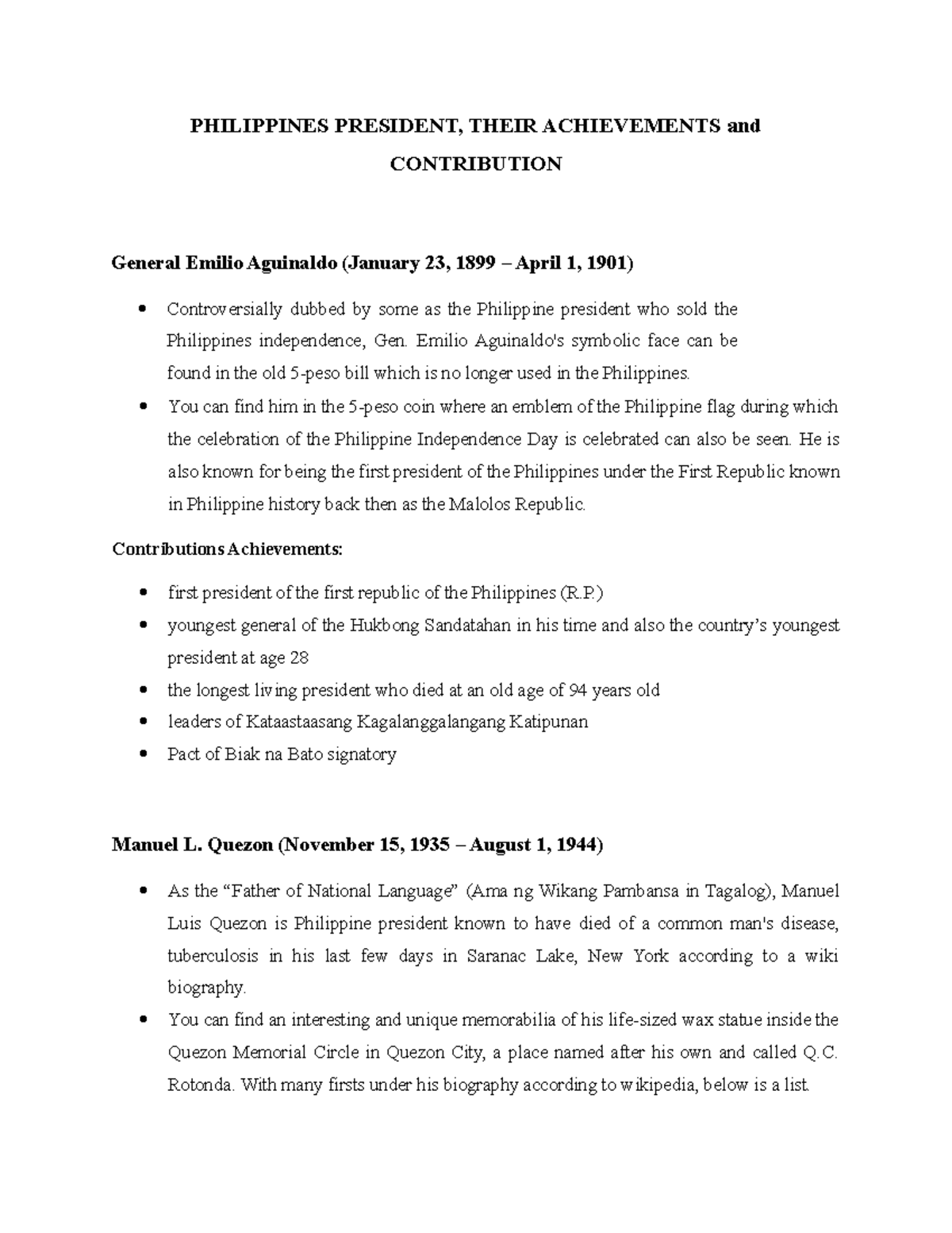 Philippines President, Their Achievements and Contributions