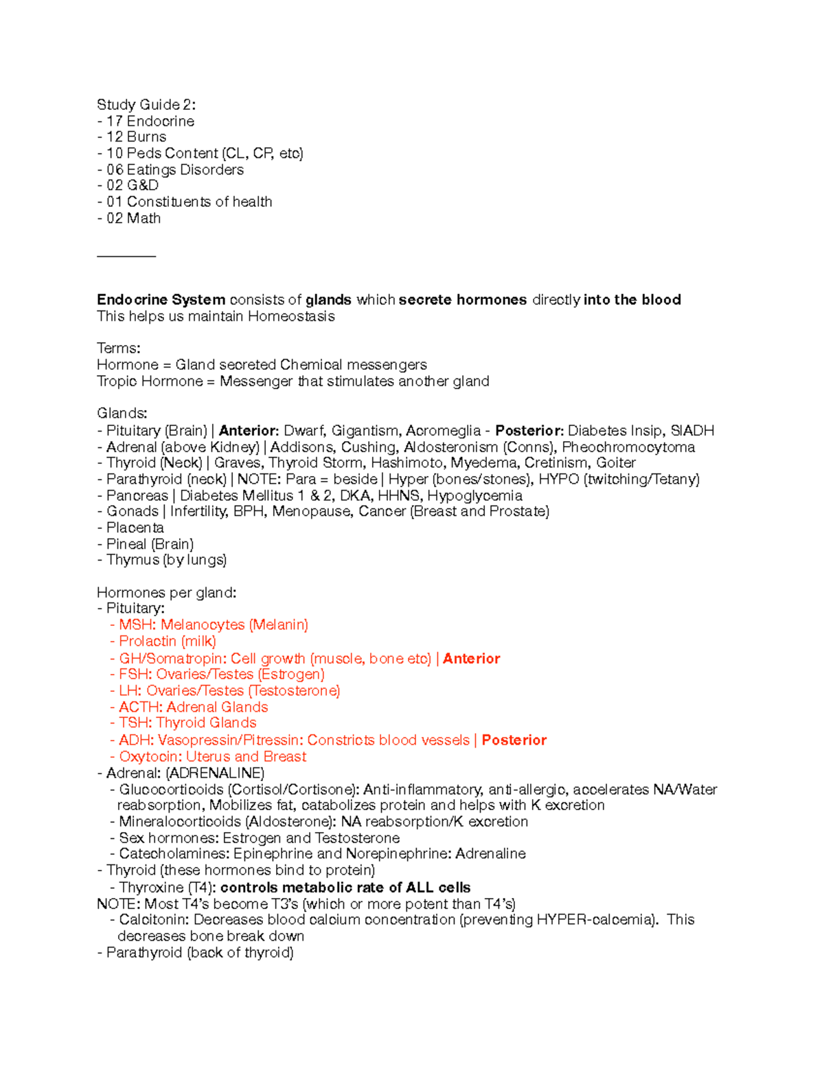 Study Guide #2 - Study Guide 2: 17 Endocrine 12 Burns 10 Peds Content ...