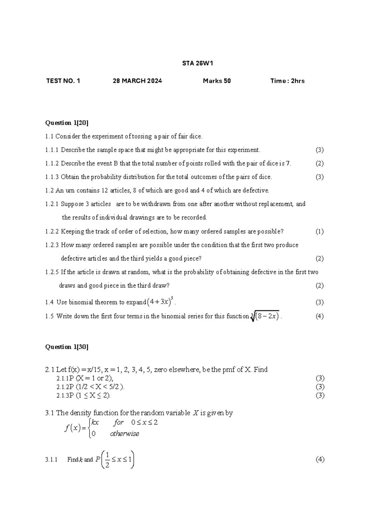 Test 1 2024 - Test Based On Pdf,pdm,moments And Level One Statistics 