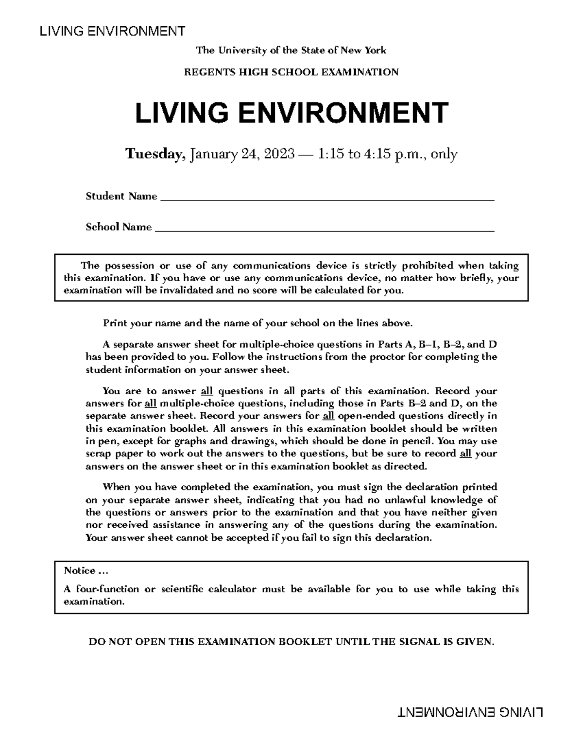Lenv12023-exam - Previous Class Work - LIVING ENVIRONMENT LIVING ...