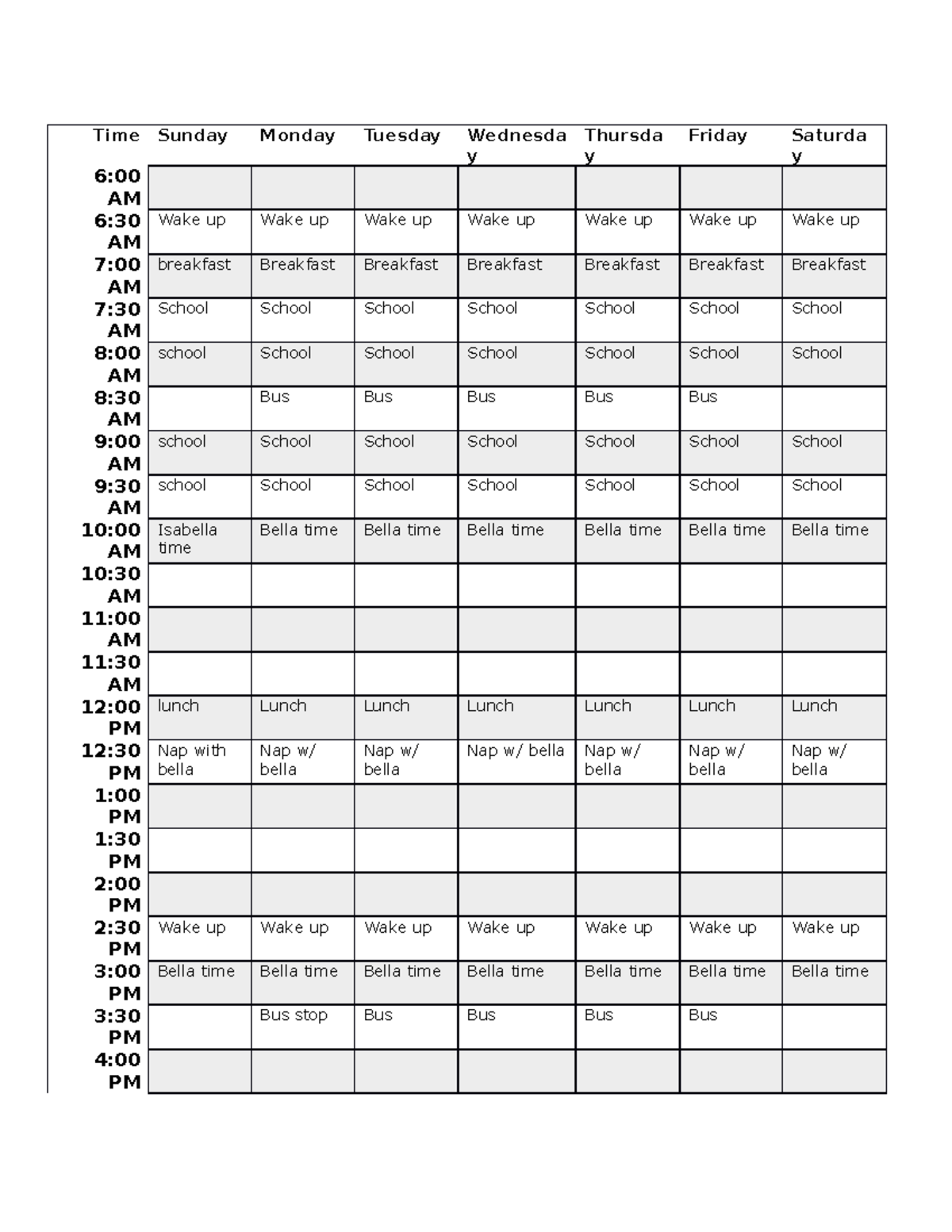 Orientation Task Template - Time Sunday Monday Tuesday Wednesda y ...