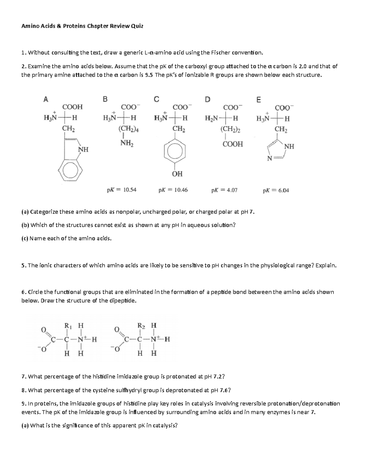 Amino Acids & Protein Chapters Review Quiz Without consulting the