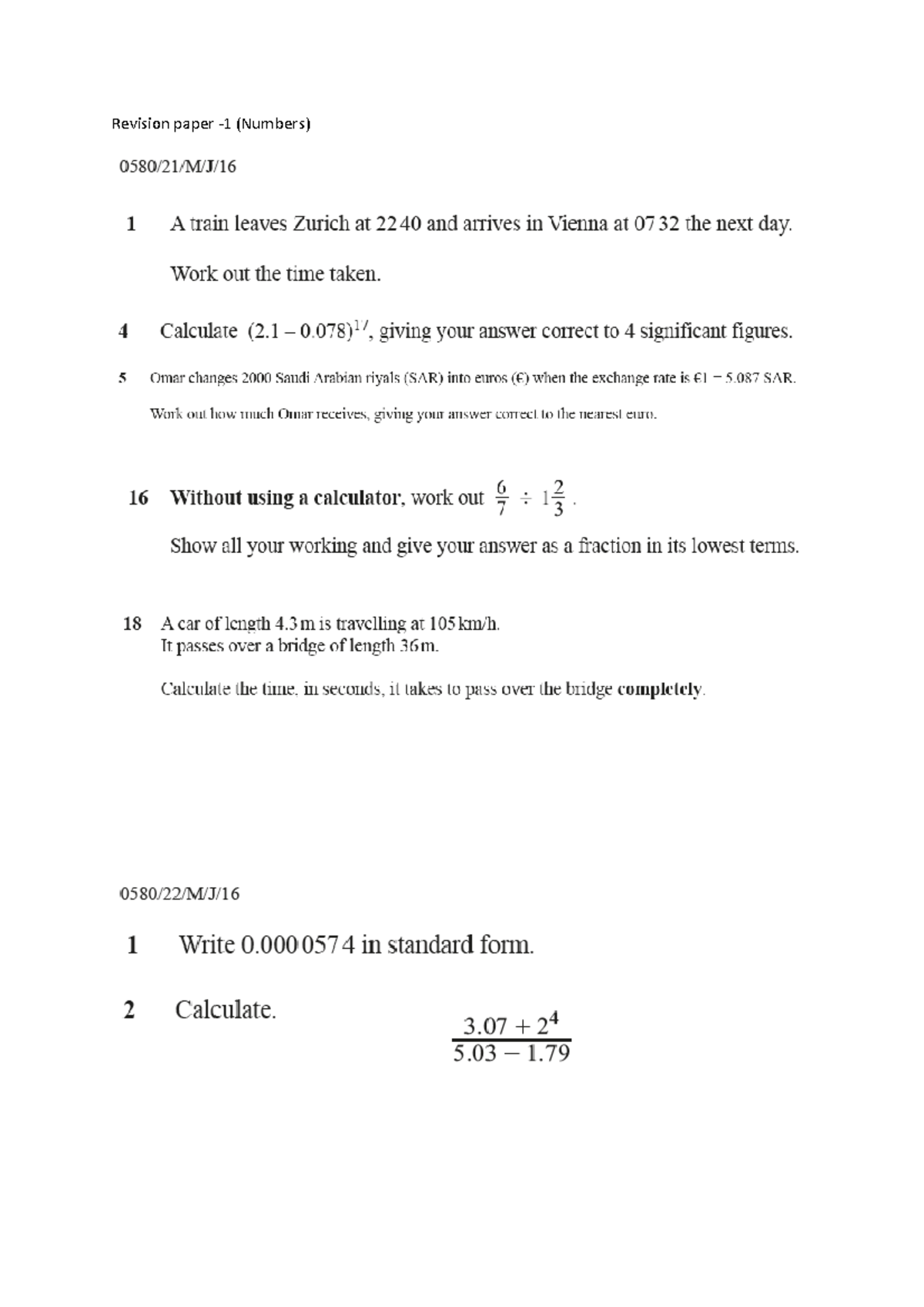 Math.gap analysis - Revision paper (Numbers) 1 A train leaves Zurich at ...