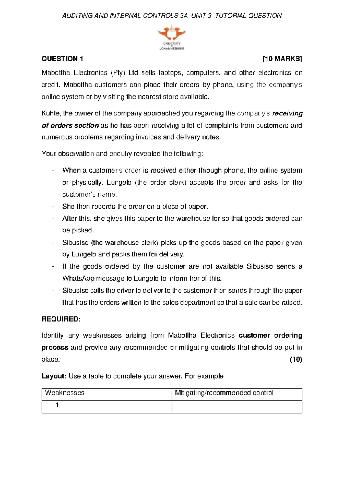 Unit 3 Tutorial 1 Solutions - AUDITING AND INTERNAL CONTROLS 3A_UNIT 3 ...