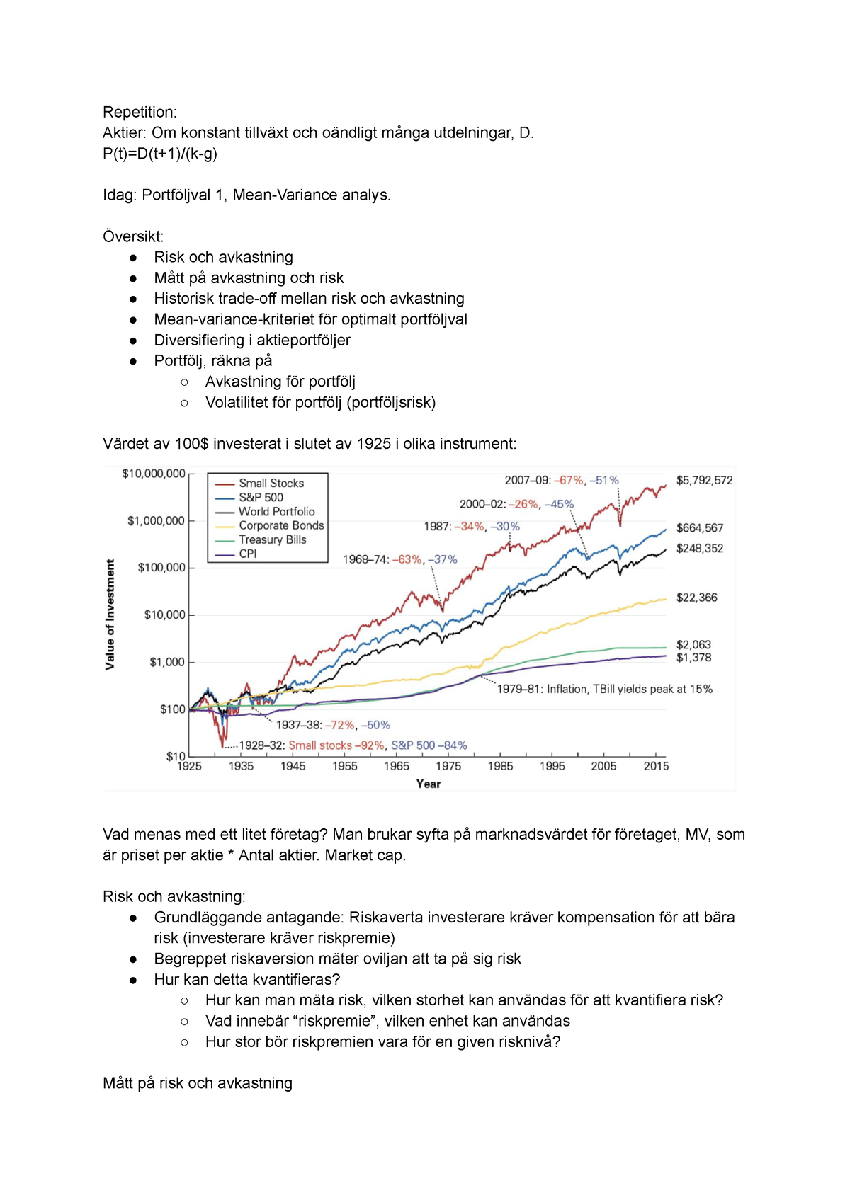 Föreläsning 8 5 Finansiell Ekonomi Portföljval - Repetition: Aktier: Om ...