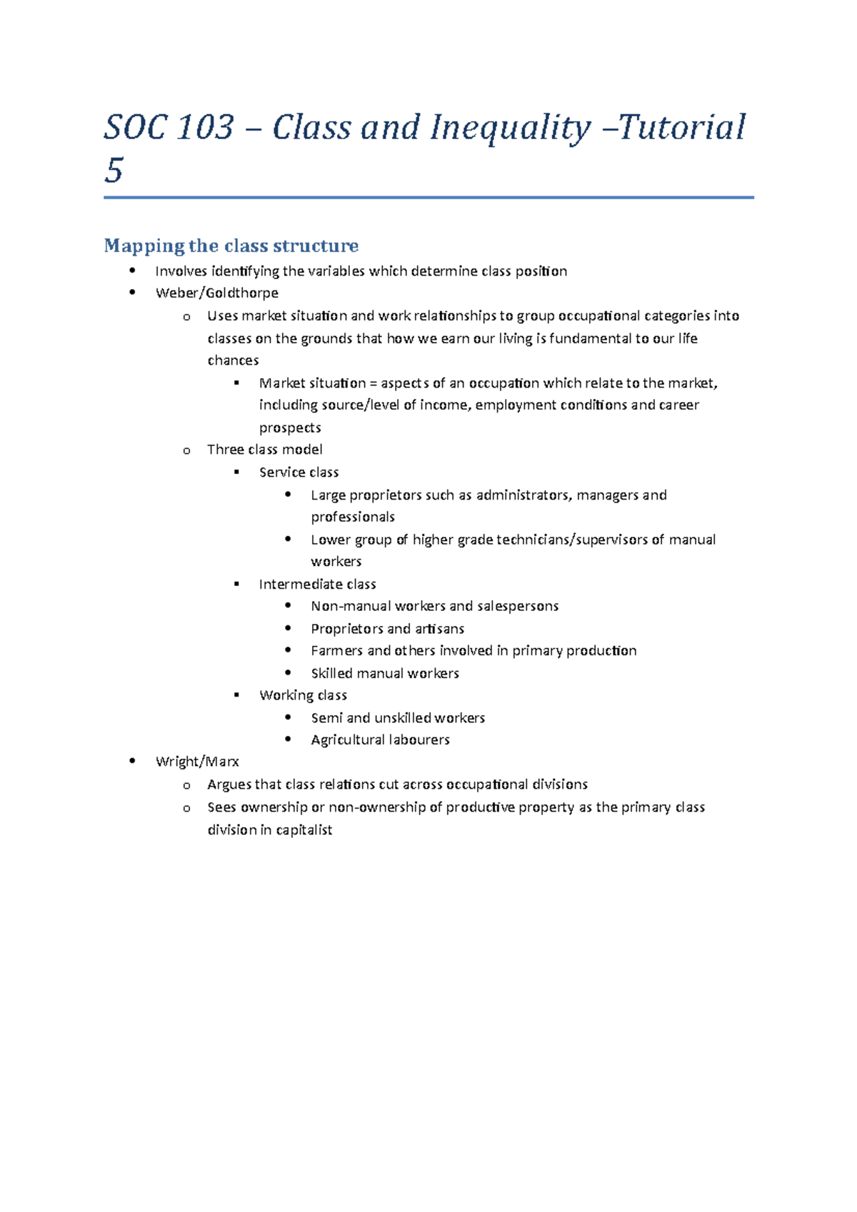 SOC 103 - Introduction to Sociology Tutorial 5 - SOC 103 – Class and ...