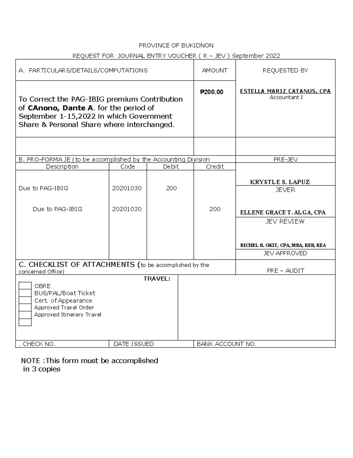 CAnono, Dante - PROVINCE OF BUKIDNON REQUEST FOR JOURNAL ENTRY VOUCHER ...